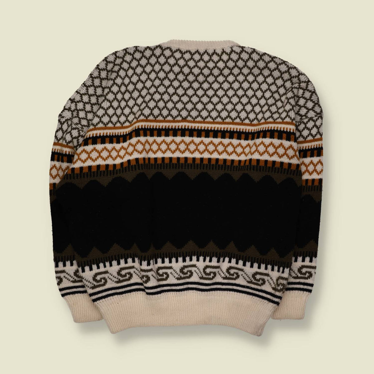 1980s | Suzi | Patterned Knit Sweater | Cream, Brown & Black - XL