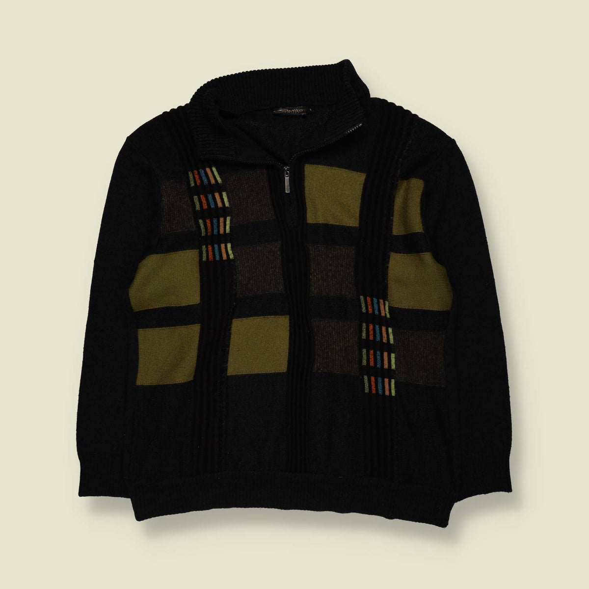 1980s | Danilo | Geometric Half-Zip Knit Sweater | Black, Olive & Brown - S