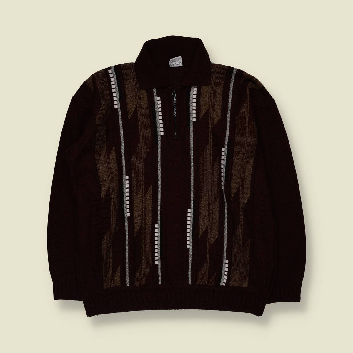 1980s | Newtex | Geometric Half-Zip Knit Sweater | Burgundy, Brown & Grey - L