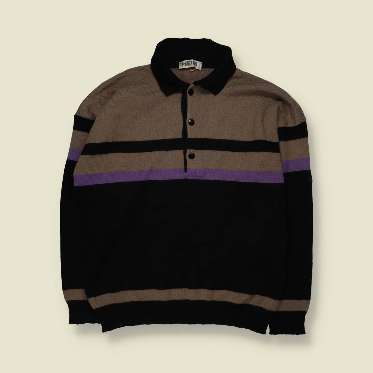1980s | Heim | Striped Polo Knit Sweater | Black, Taupe & Purple - XL