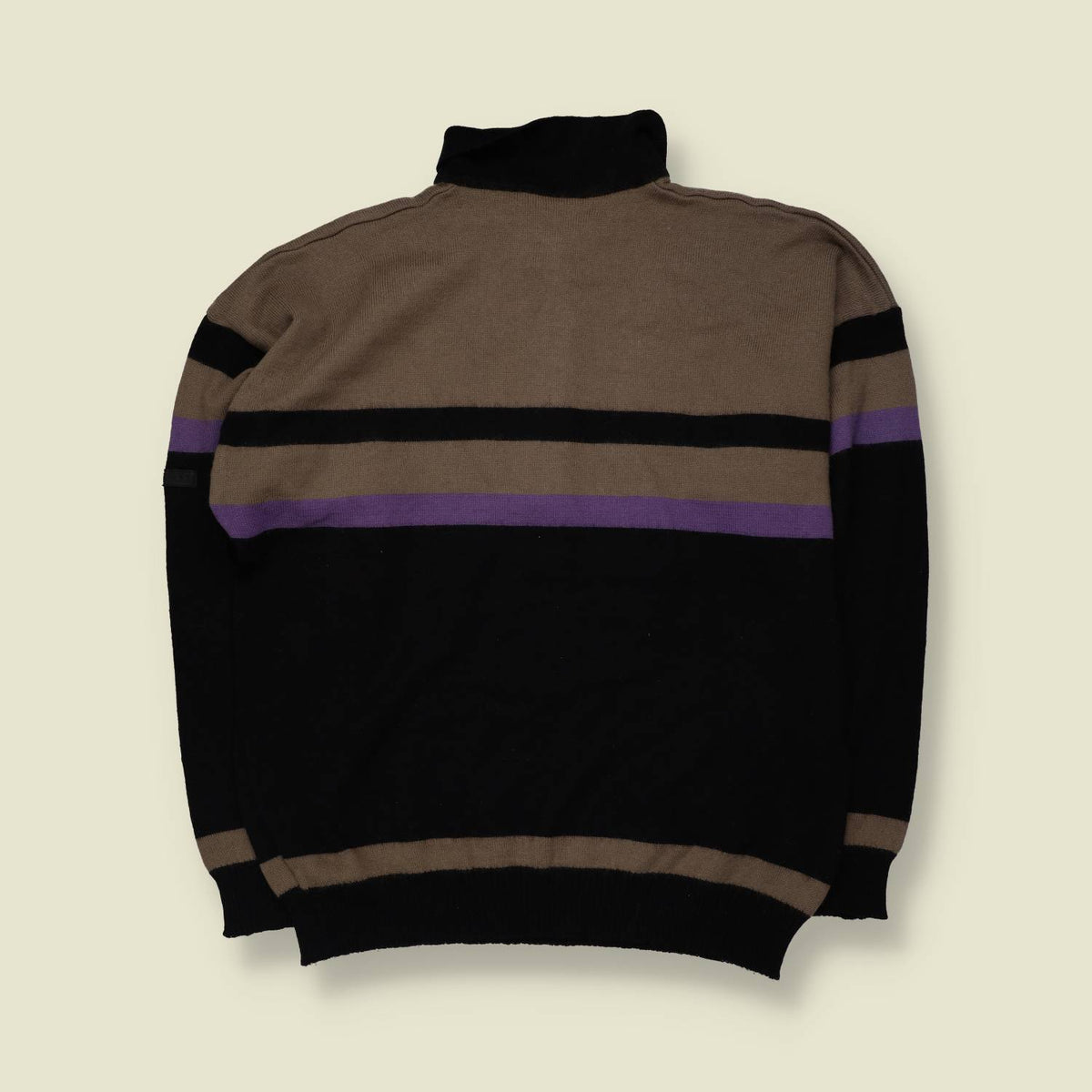 1980s | Heim | Striped Polo Knit Sweater | Black, Taupe & Purple - XL