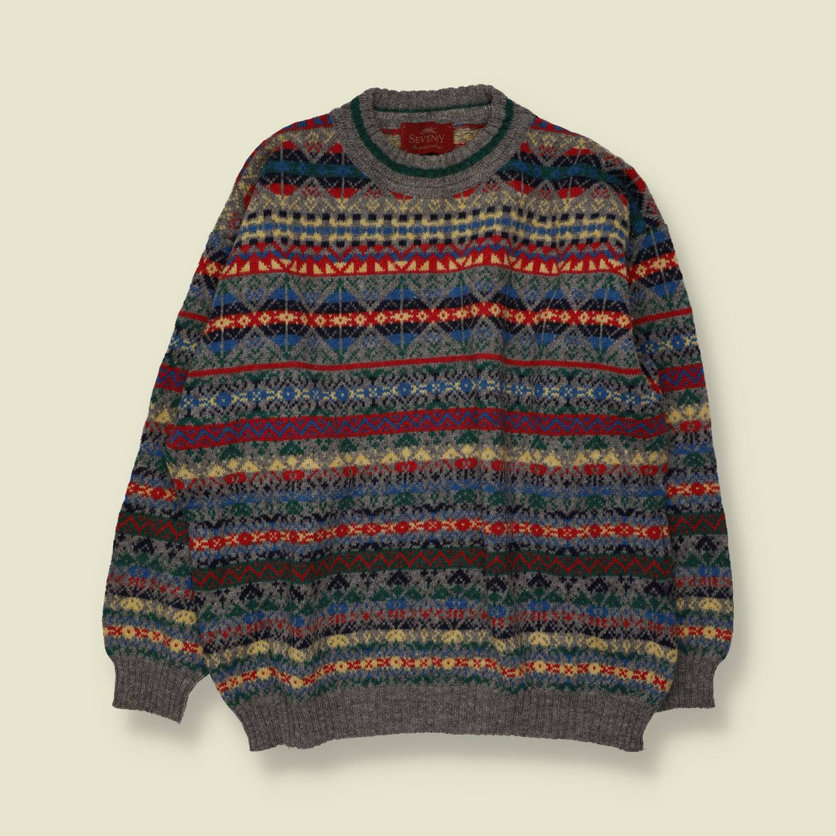 1980s | Seveny | Fair Isle Knit Sweater | Grey Multi - XL