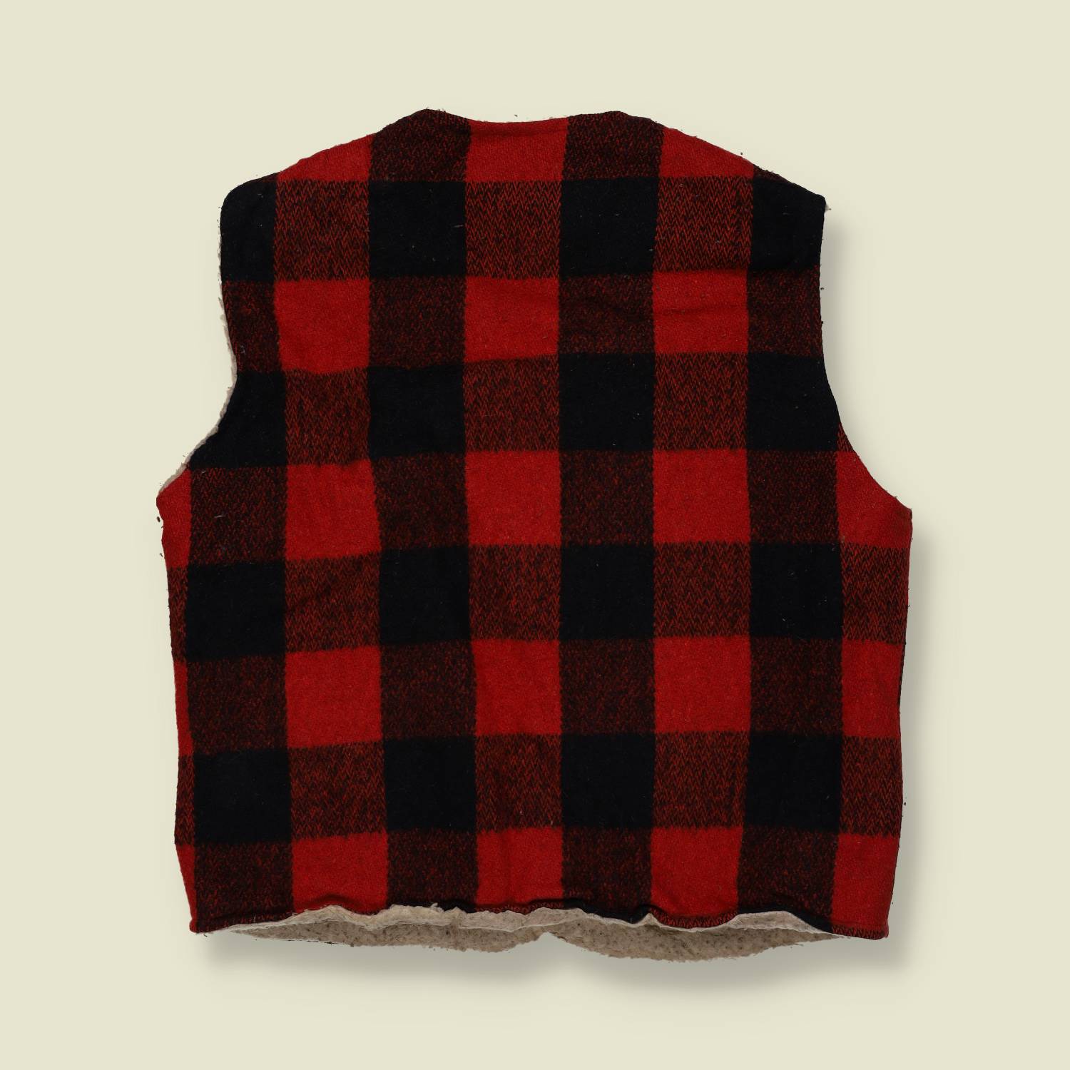 1960s–70s | JCPenney | Sherpa-Lined Buffalo Vest – Red/Black - S/M