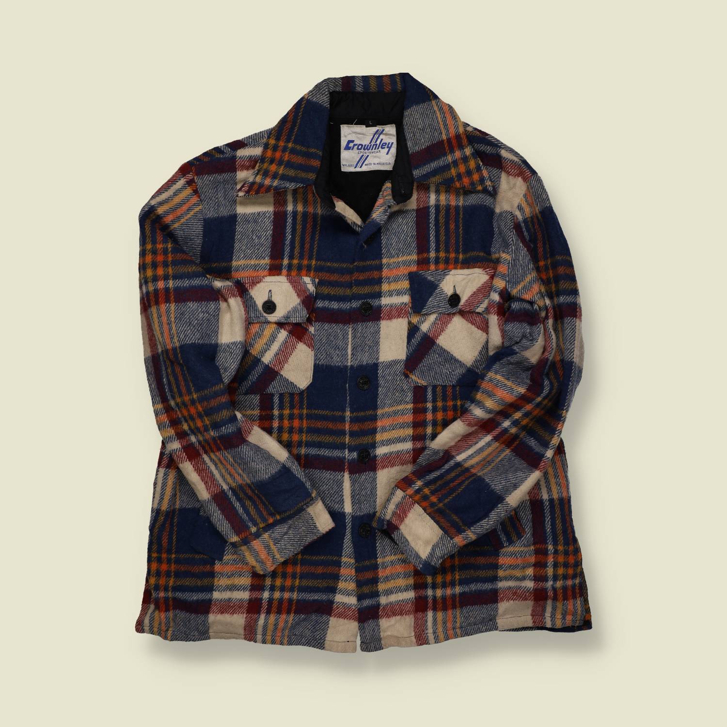 1970s | Crowley Sportswear | Wool Plaid CPO Jacket – Navy/Rust/Cream - S