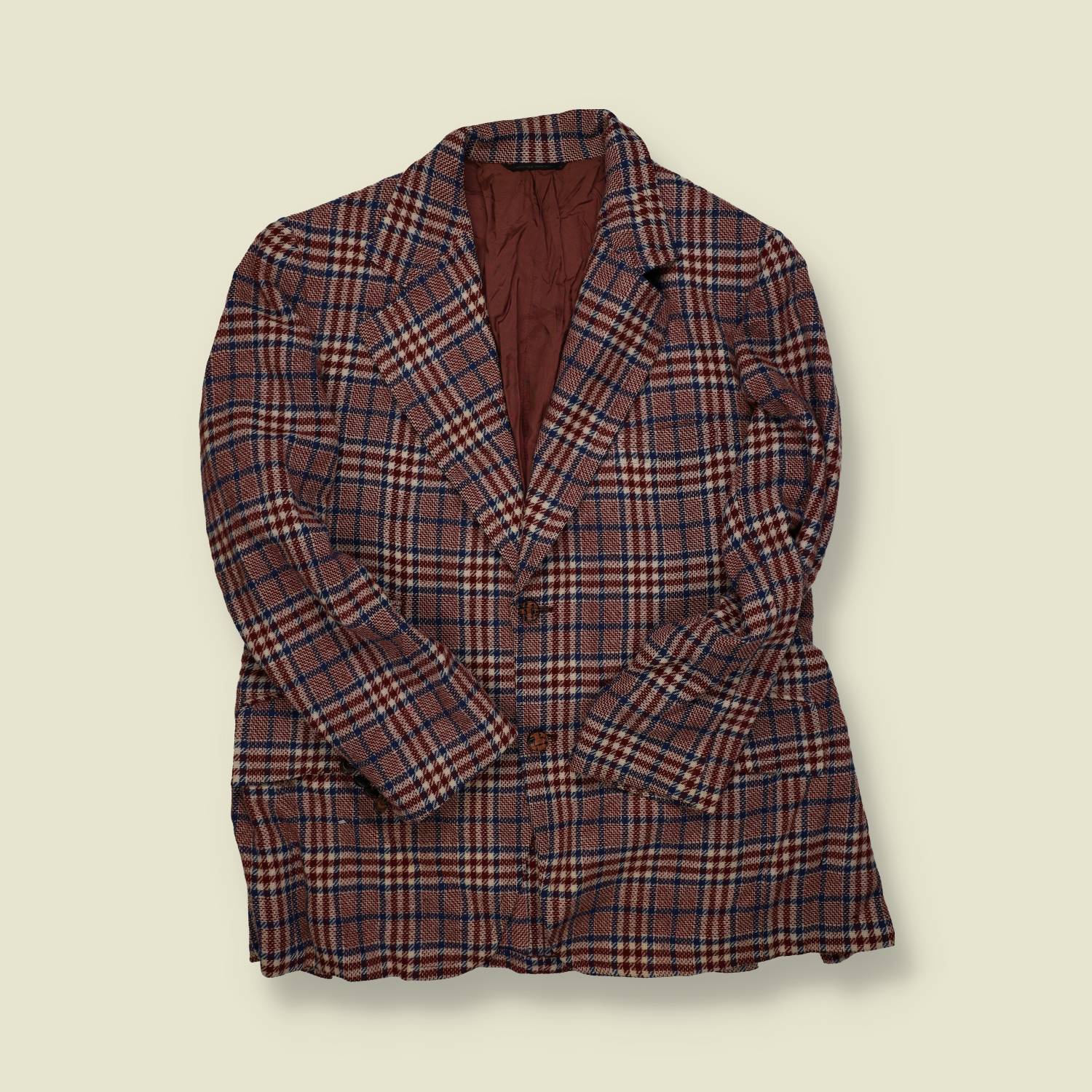 1960s–70s | Plaid Sport Coat – Brown/Navy/Cream - S