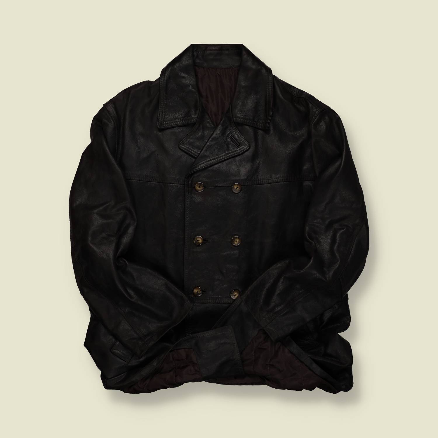 1960s–70s | Leather Double-Breasted Jacket – Black - XL