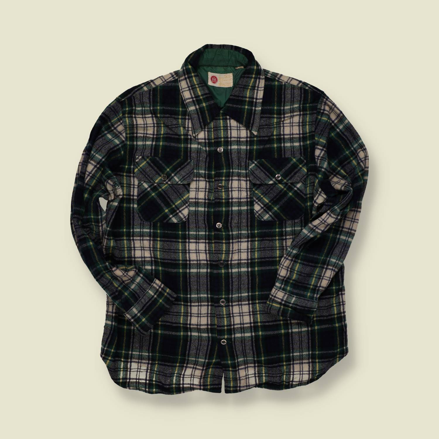 1970s | Kings Road | Wool Plaid Overshirt – Green/Grey - S/M