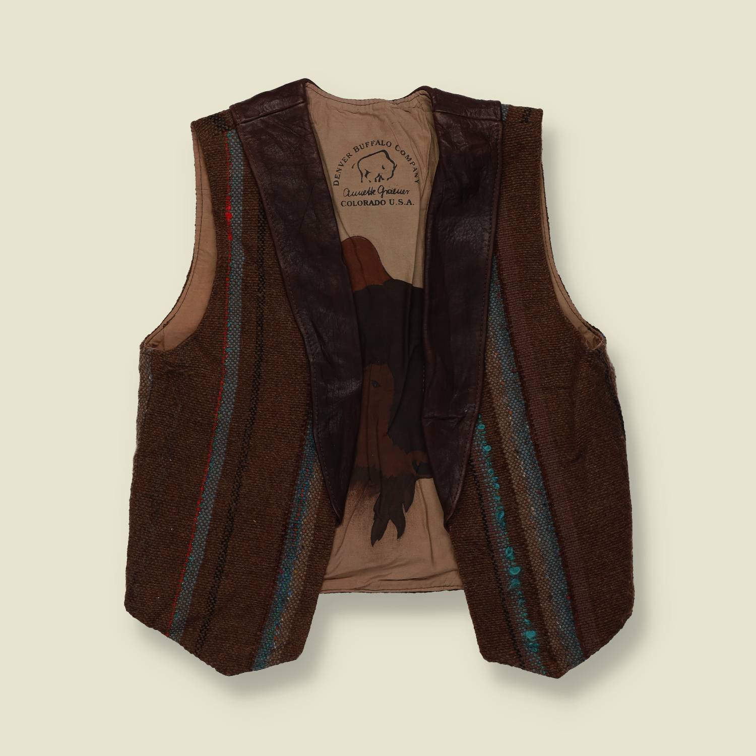 1990s | Denver Buffalo Company | Woven & Leather Vest – Brown - XXS/XS