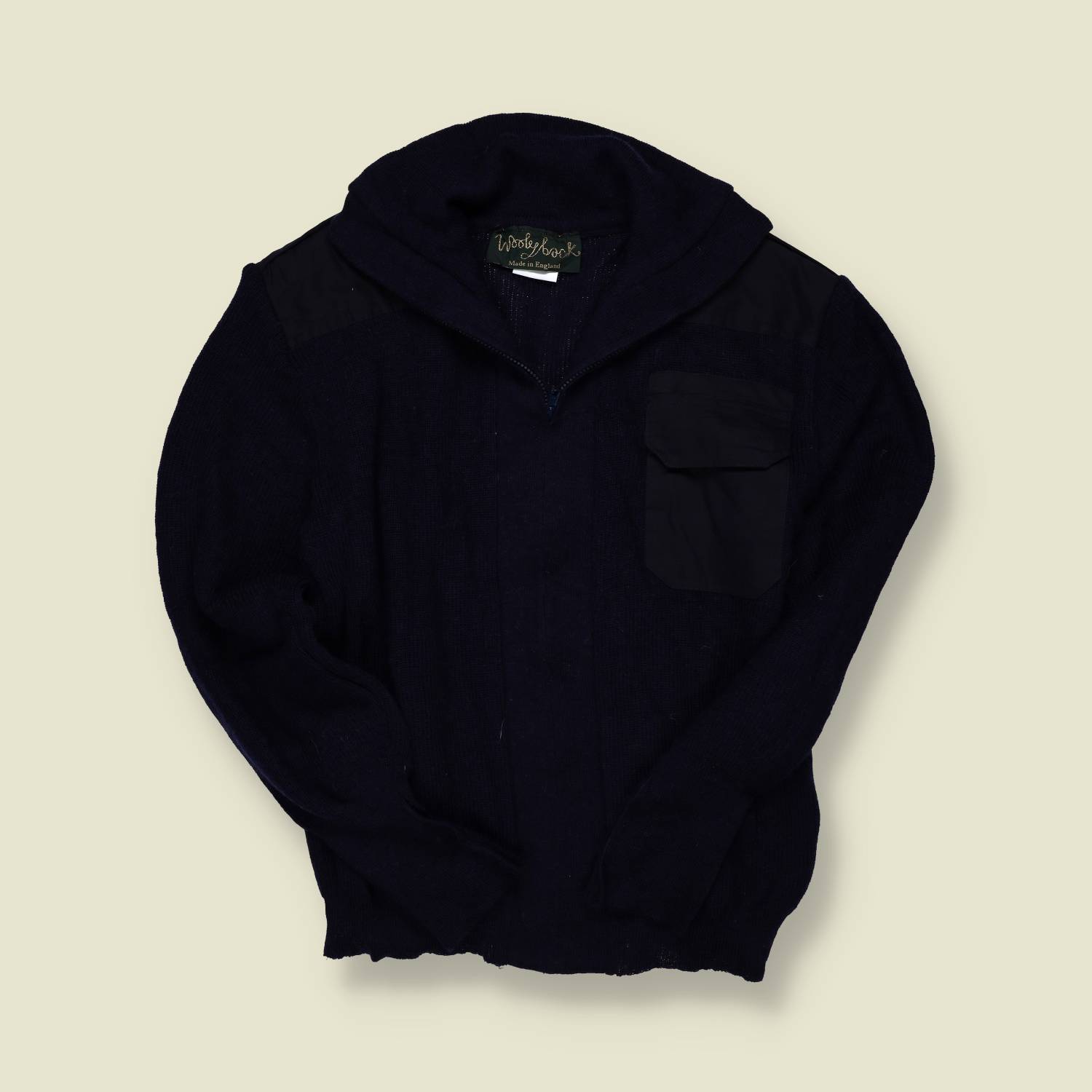 1970s–1980s | Woolyback | Made in England | Zip-Neck Wool Cardigan | Dark Blue -S/M