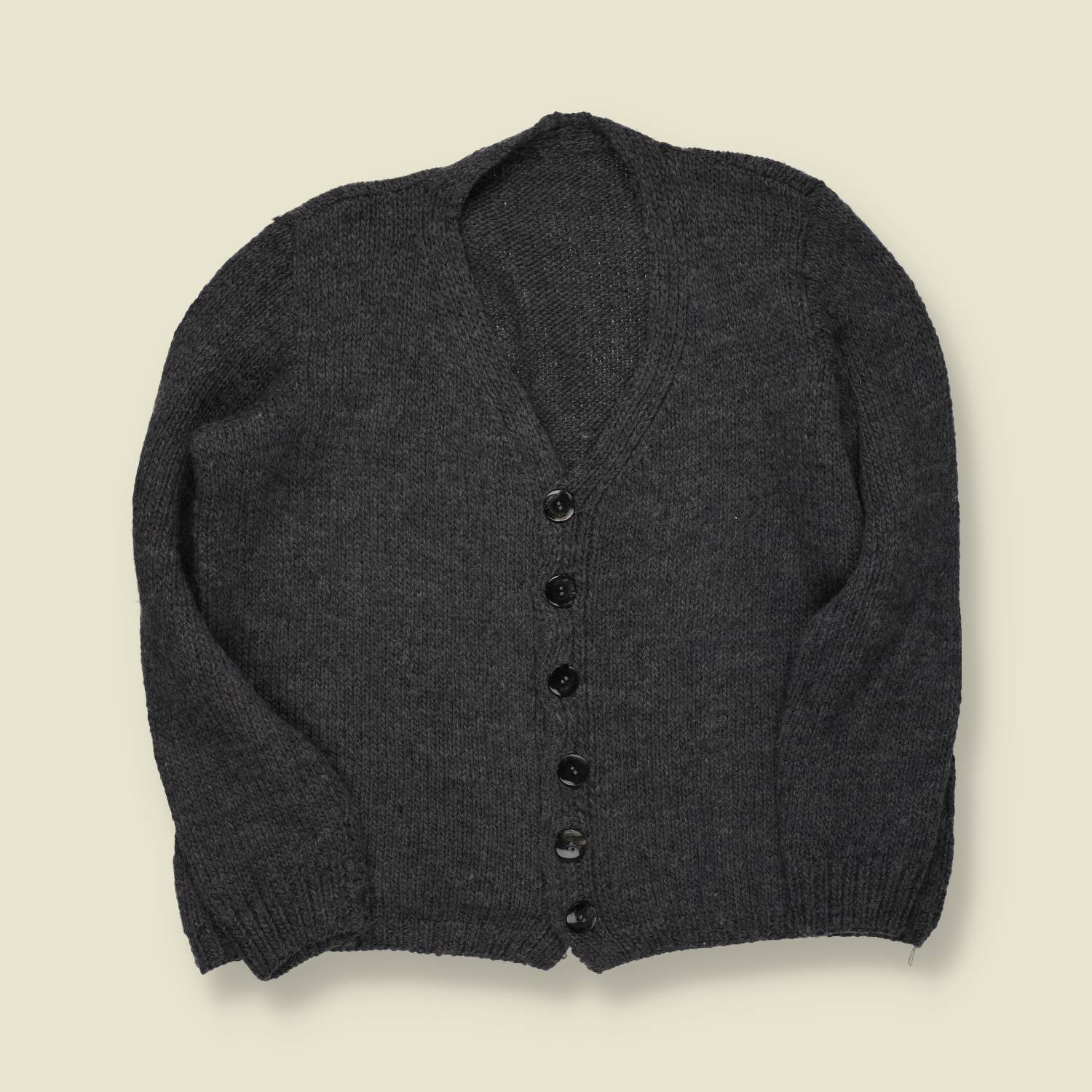 1970s | Hand-knit | Wool Cardigan | Charcoal Grey - M