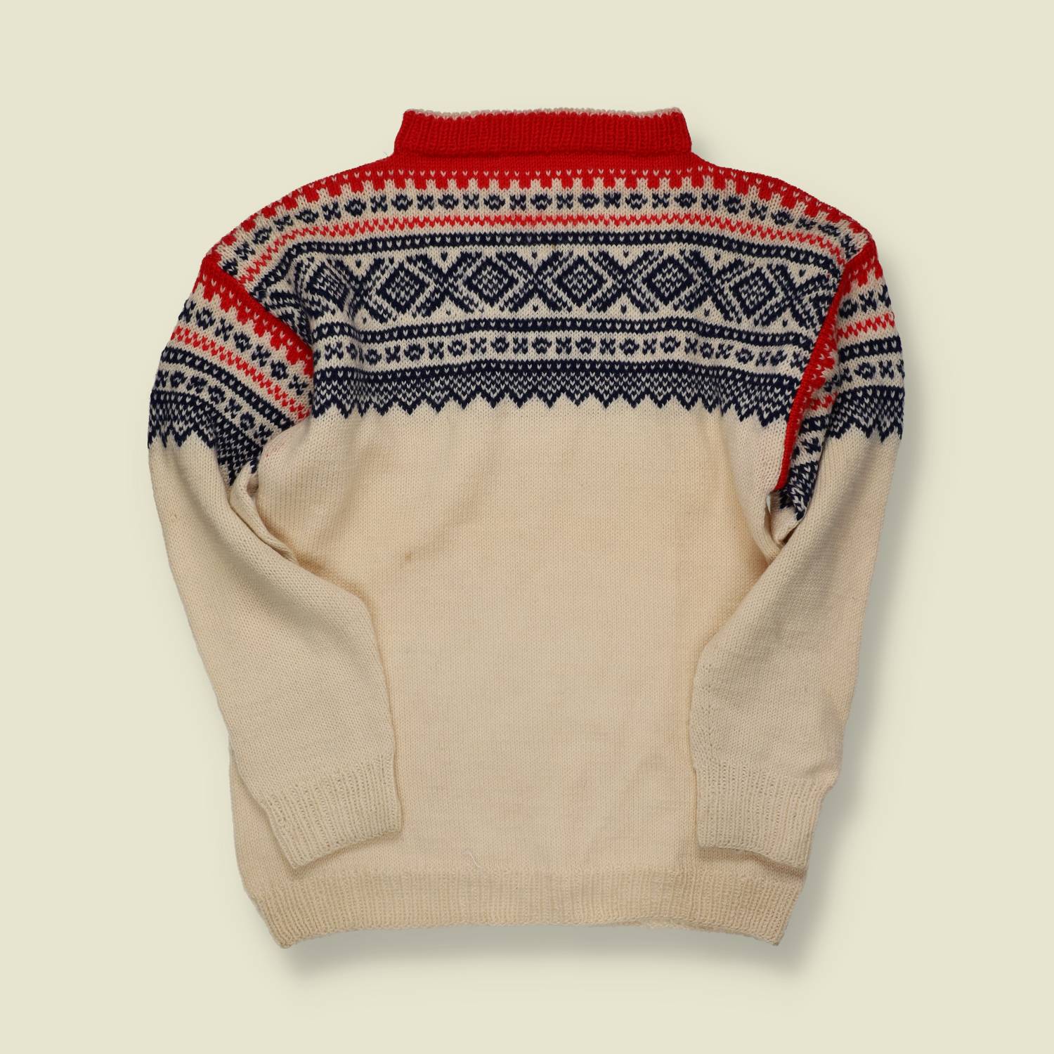 1970s | Hand-knit | Wool Fair Isle Jumper | Cream / Red / Navy - S/M