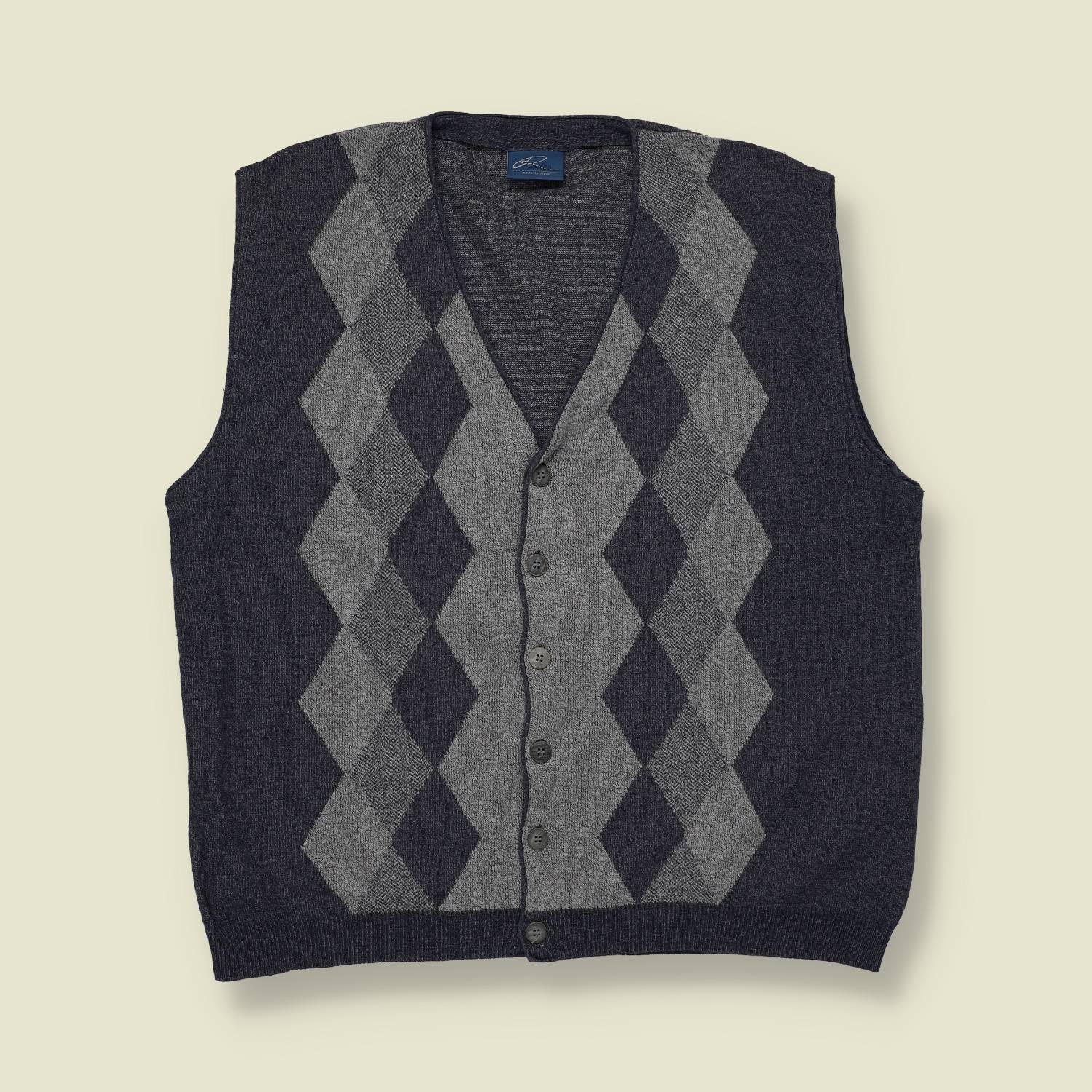 1980s | Unbranded | Made in Italy | Wool Argyle Knit Vest | Grey / Charcoal - S/M