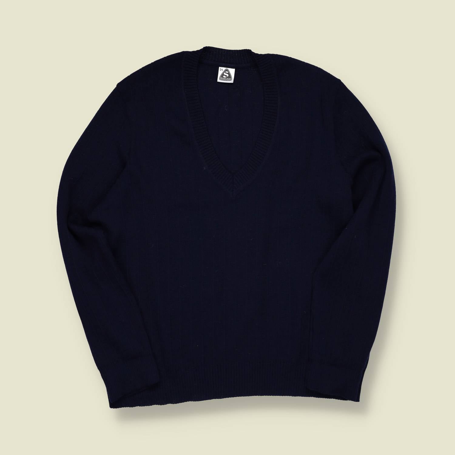 1970s | European | Wool V-Neck Jumper | Navy Blue - M