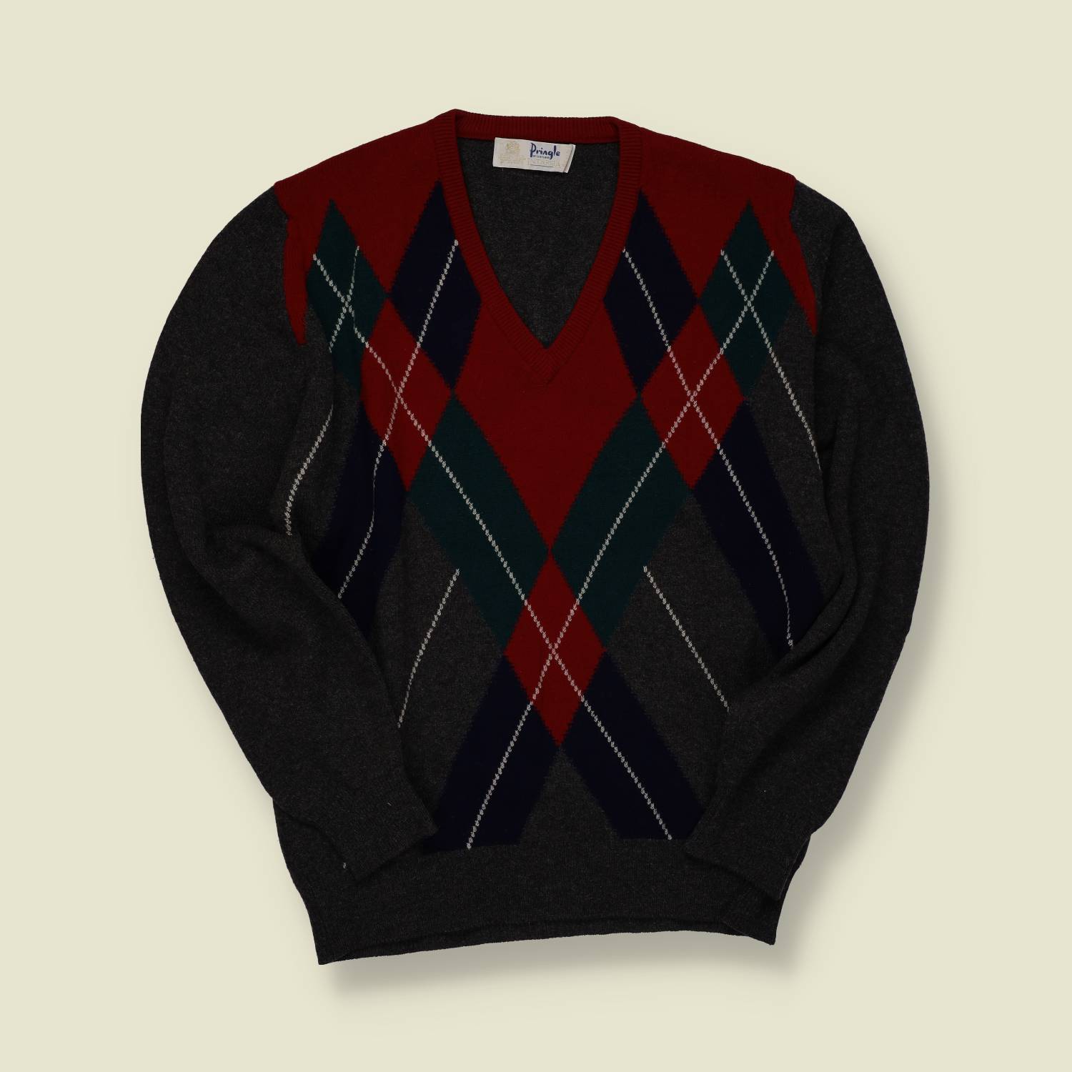 1980s | Pringle | Argyle Wool V-Neck Jumper | Burgundy / Green / Charcoal - M/L