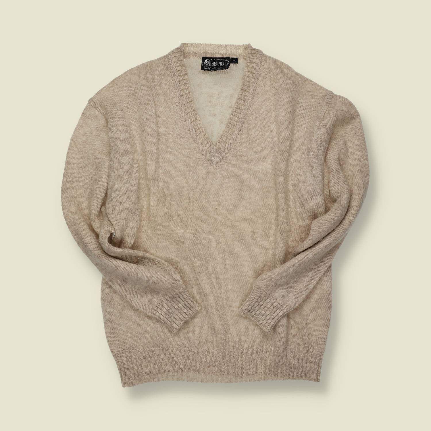 1970s | Shetland Knit | Made in Scotland | New Wool V-Neck Jumper | Oatmeal - M