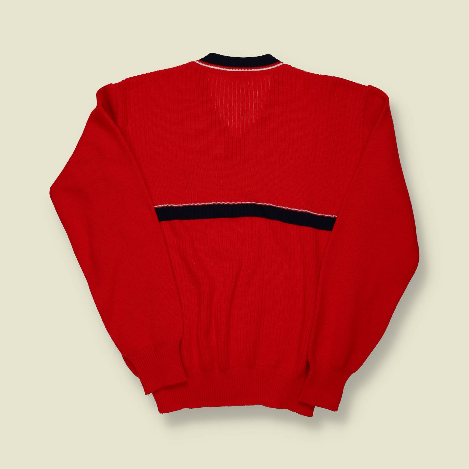 1970s | Unbranded | Red Poly-Acrylic V-Neck Knit Jumper - S