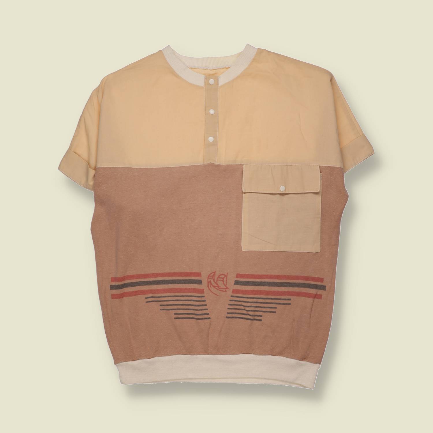 1980s | Printed Short Sleeve Top | Peach - XL