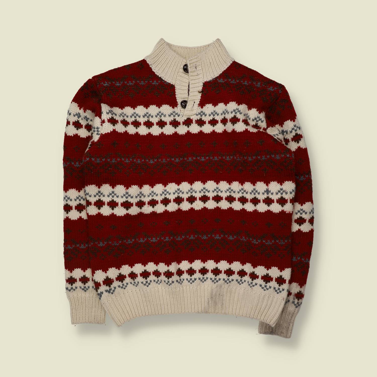 1980s | Hand Knit Fair Isle Style Jumper | Red Cream Grey - L