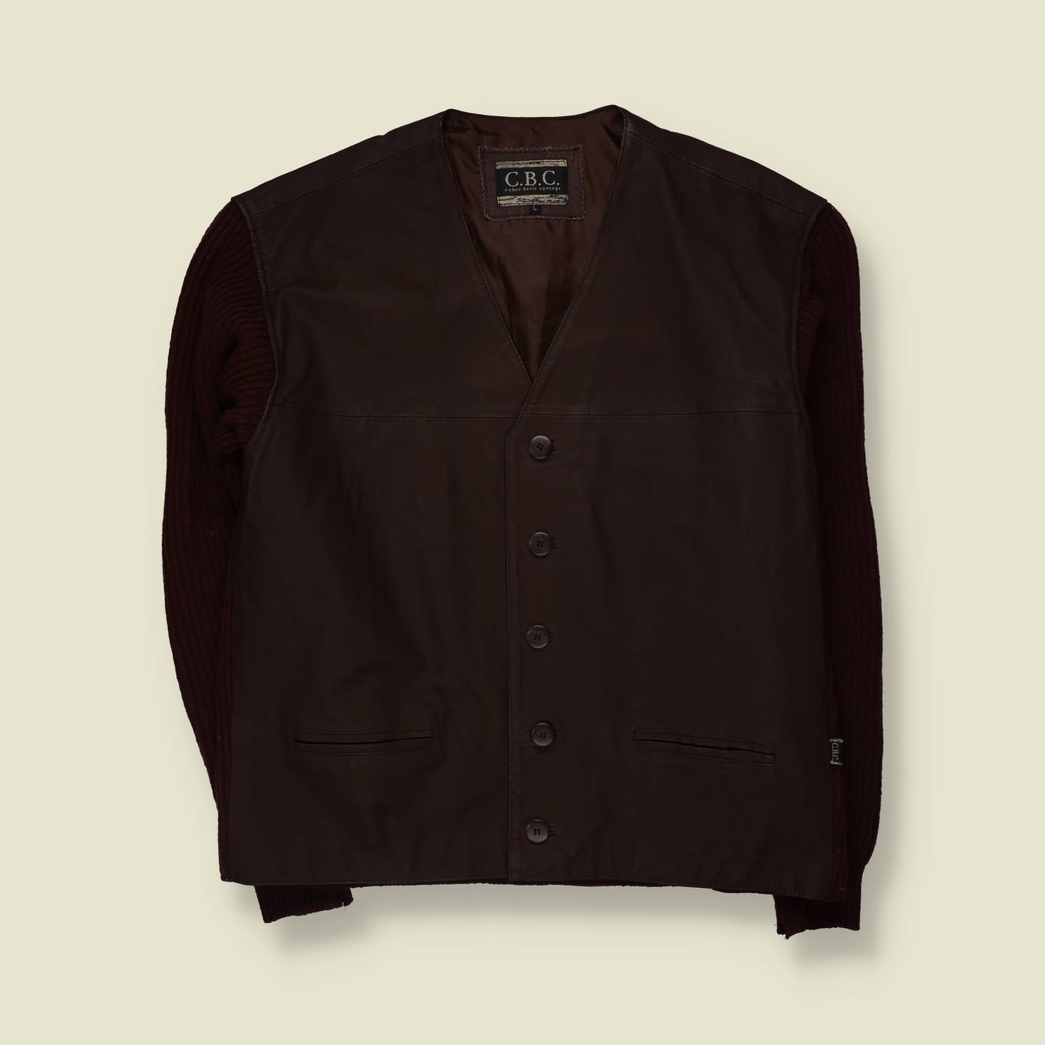 1980s | C.B.C. | Leather & Knit Jacket | Brown - XXL