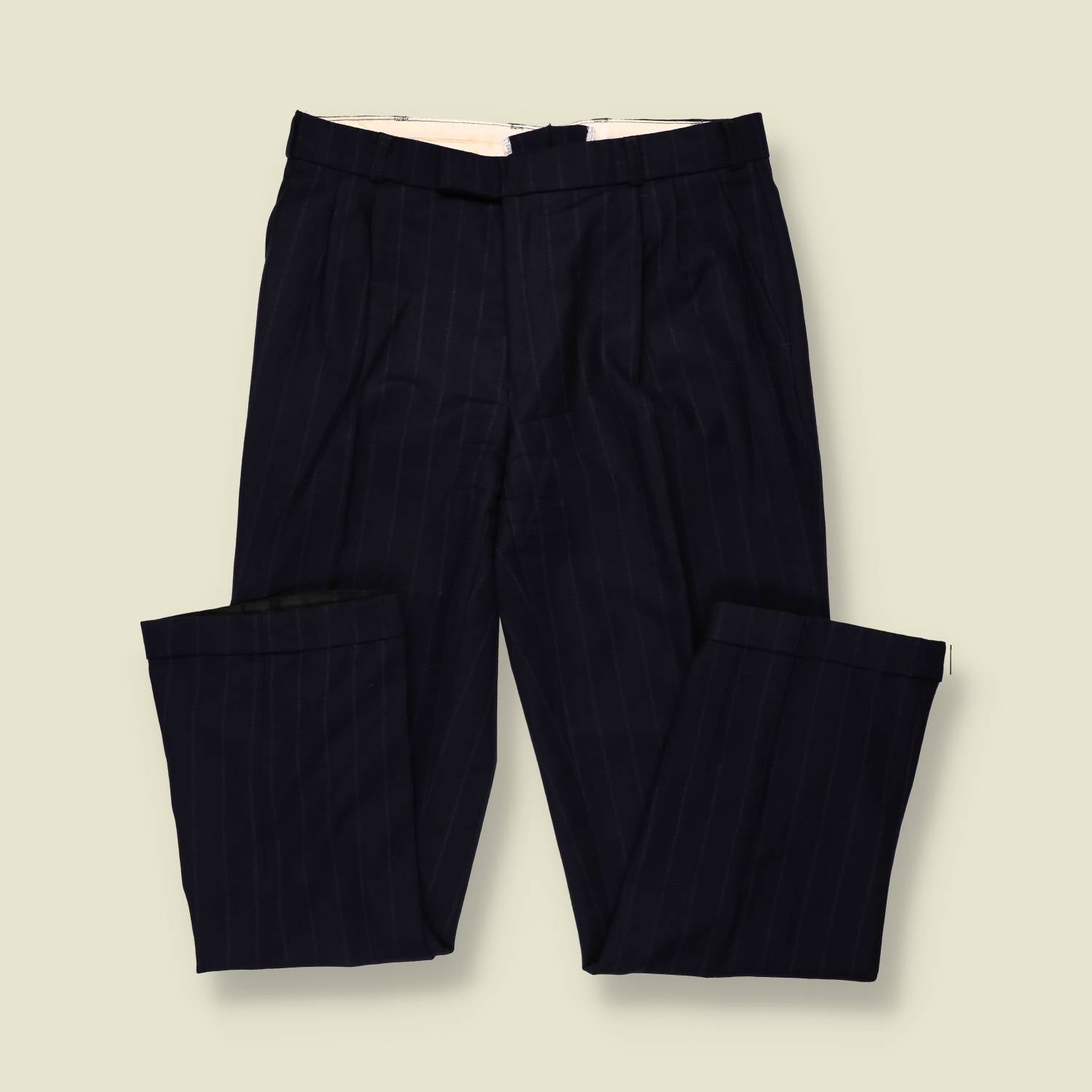 1970s | Pleated Pinstripe Trousers | Navy - w32
