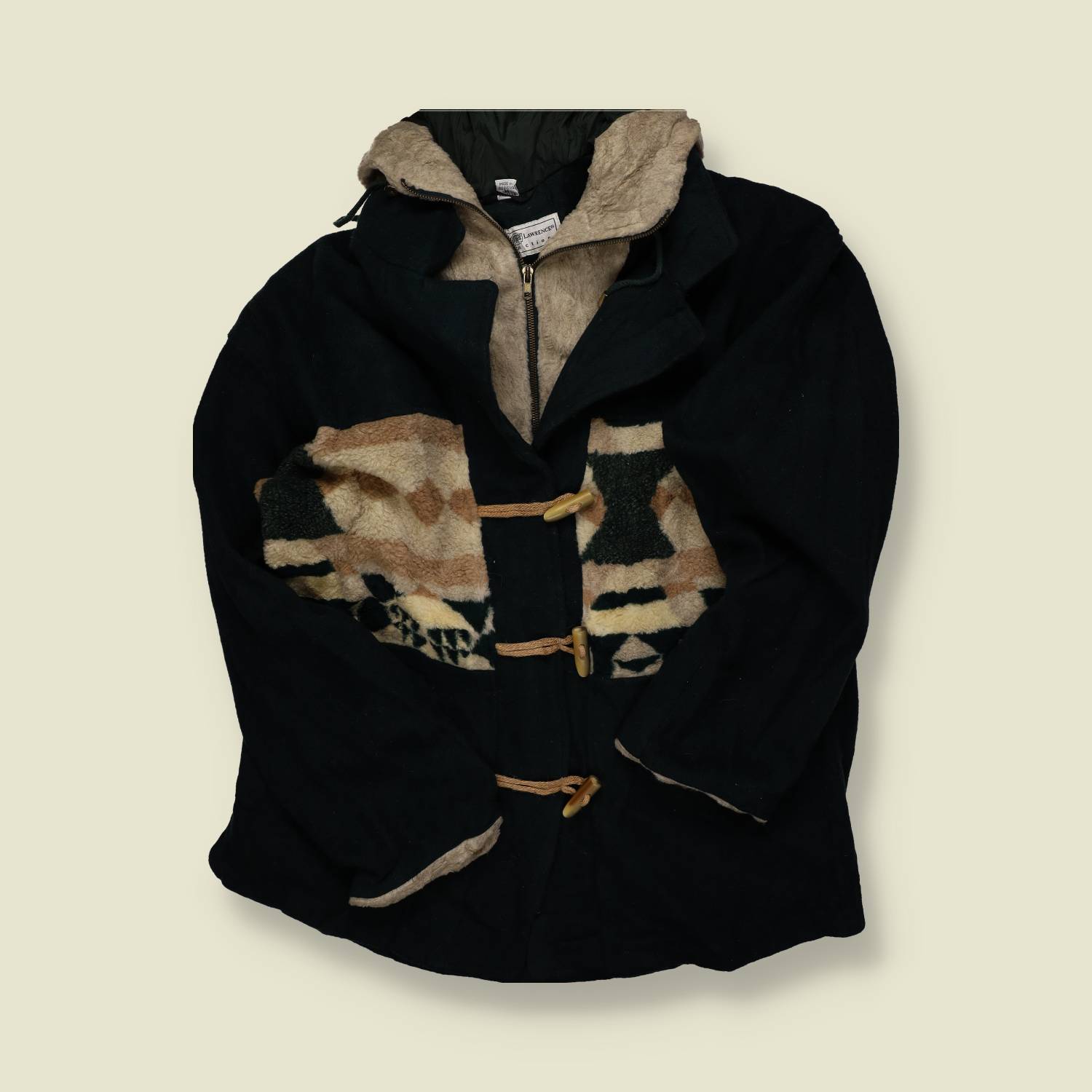 1980s | European | Wool Aztec Duffle Coat | Black / Multi - L/XL