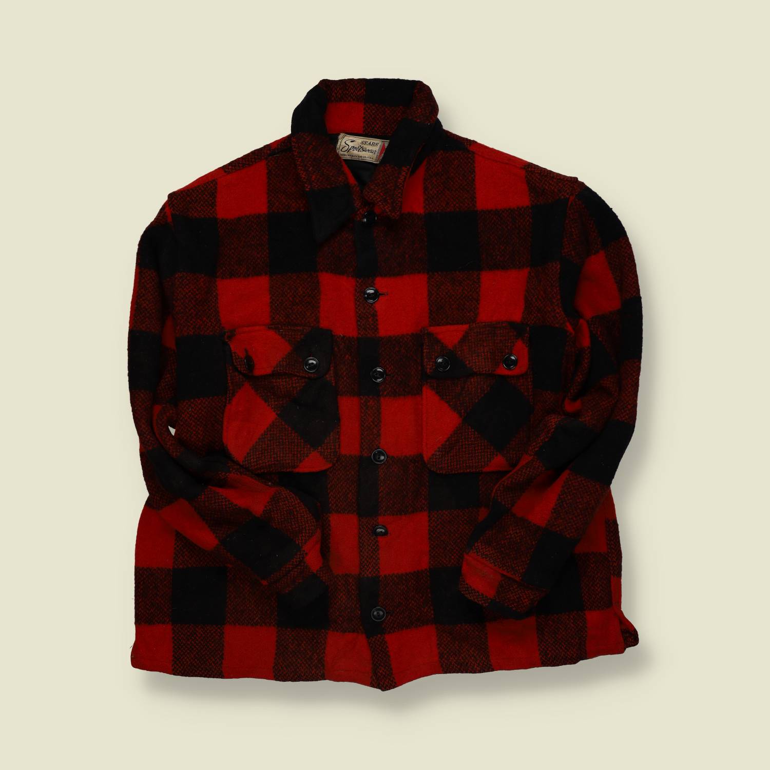1950s | Sears Sportswear | Wool Buffalo Check Jacket | Red & Black | Made in USA – XL