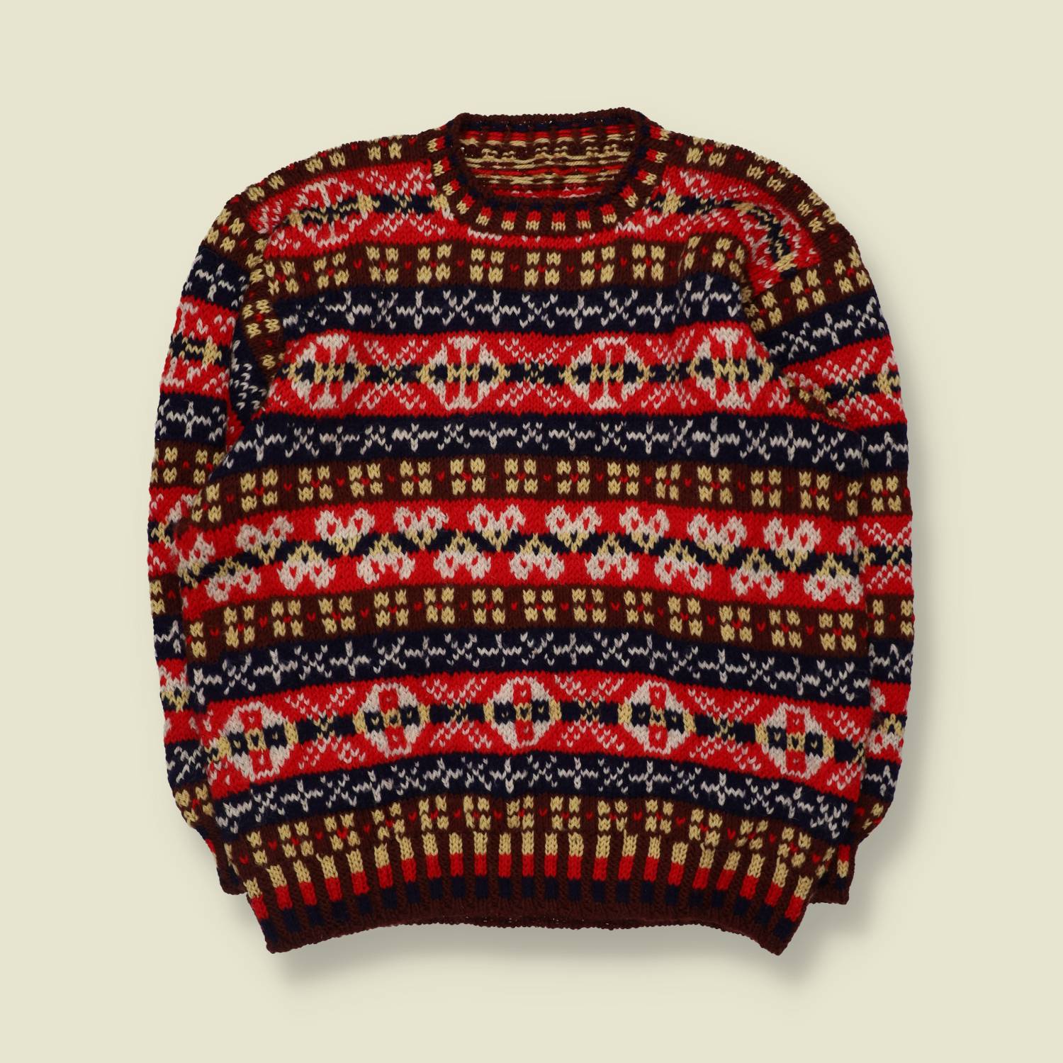 1980s | Hand Knit Patterned Jumper | Red Mix - 20