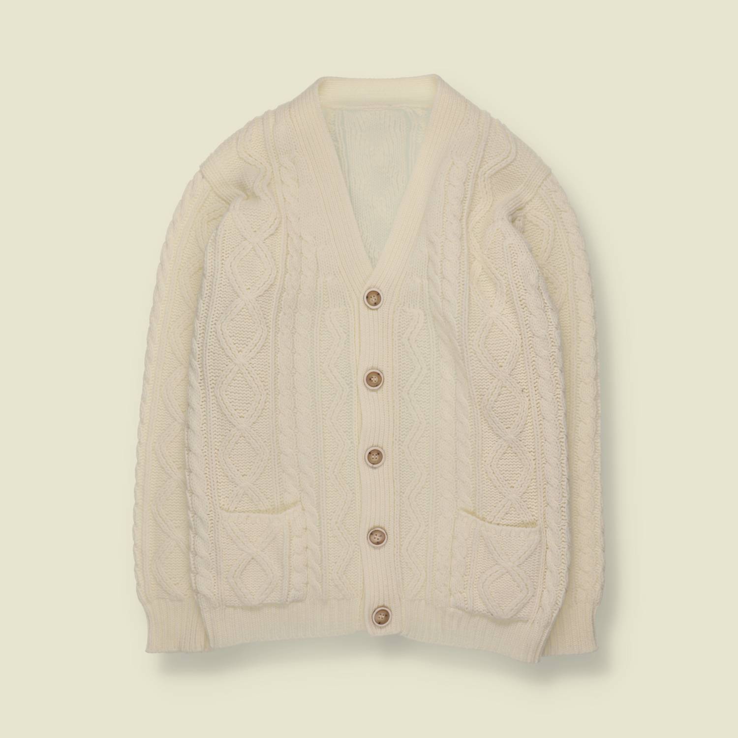 1970s | Cable Knit Cardigan | Cream - M