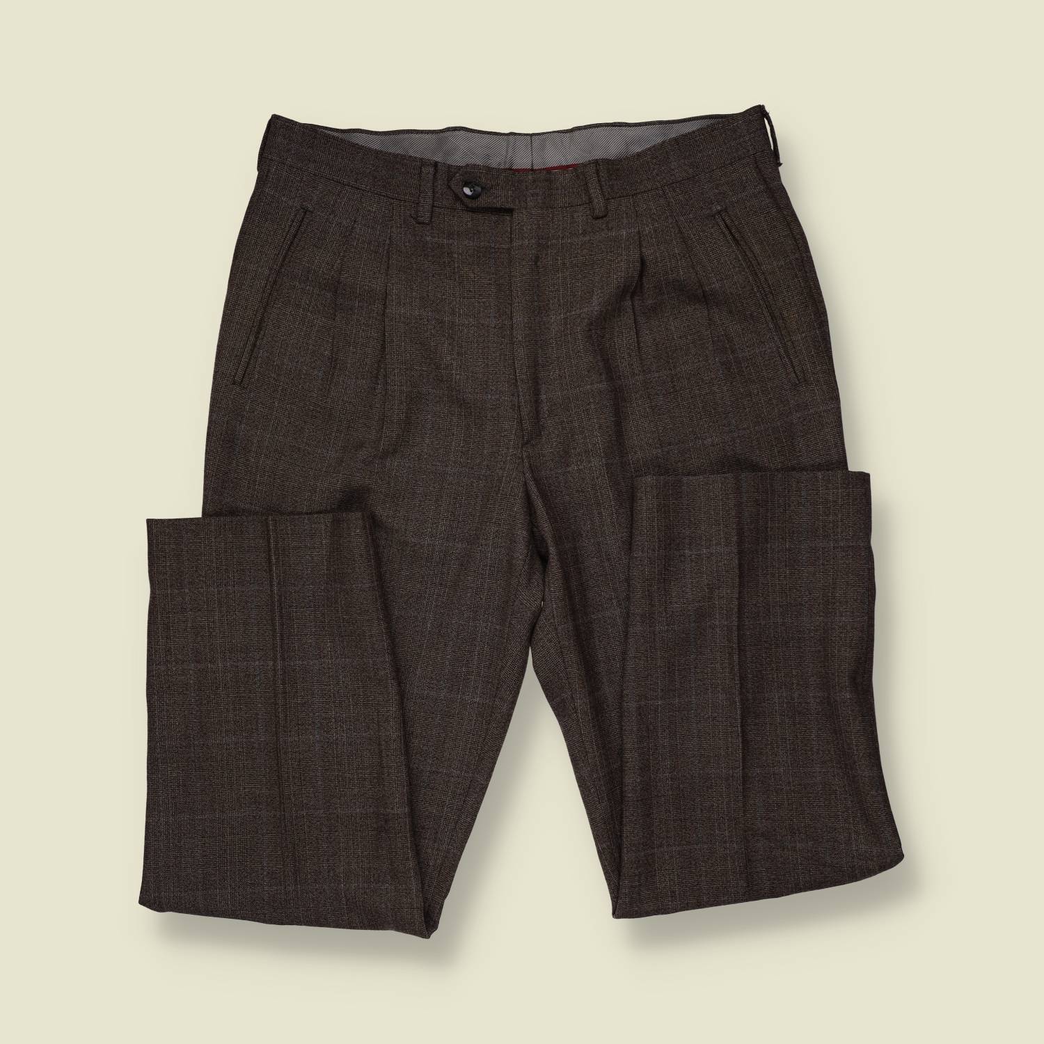 1980s | Glen Check Pleated Trousers | Brown - w34