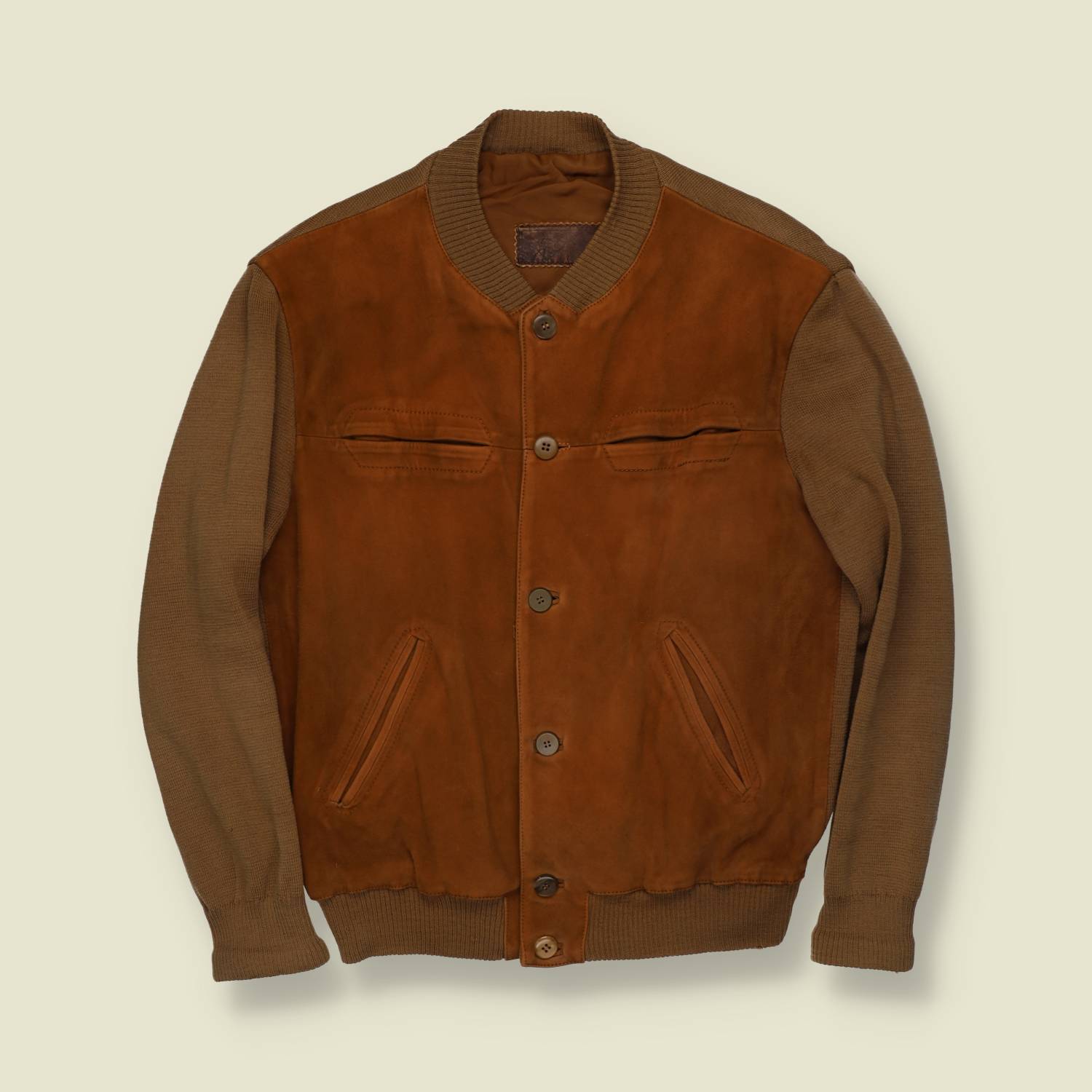 1970s | Leather & Knit Bomber | Tan - M