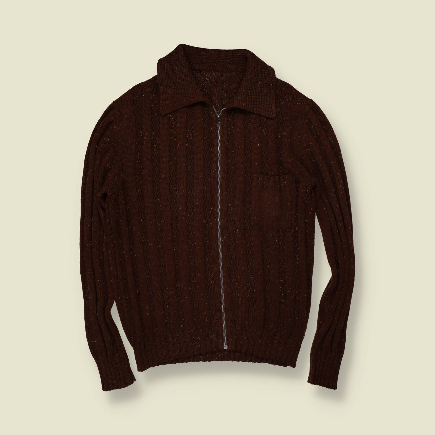 1970s | Zip Knit Wool Cardigan | Dark Brown - M