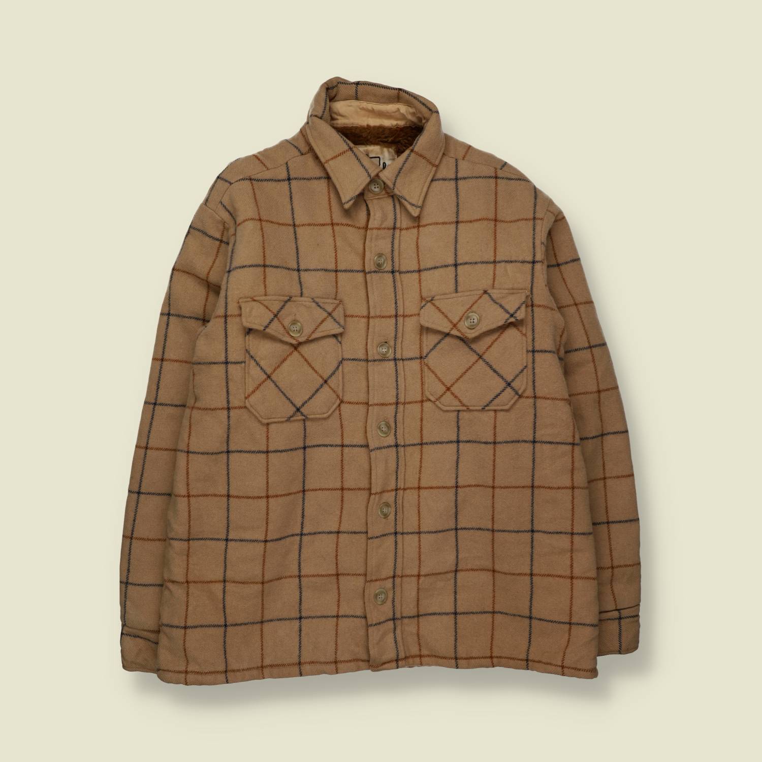 1970s | Woolrich | Teddy Lined Over Shirt | Tan Windowpane Check - L