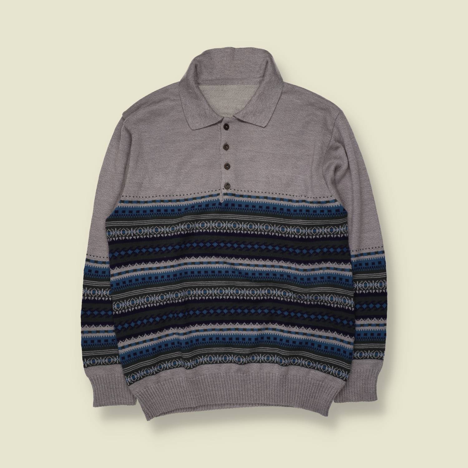 1980s | Fair Isle Polo Jumper | Grey & Navy - L