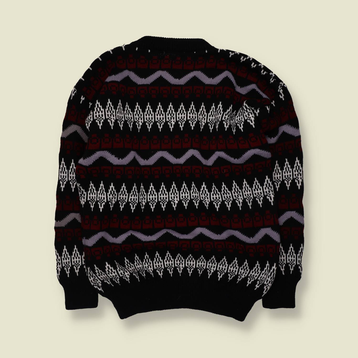 1980s | Fair Isle Jumper | Black & Burgundy - L