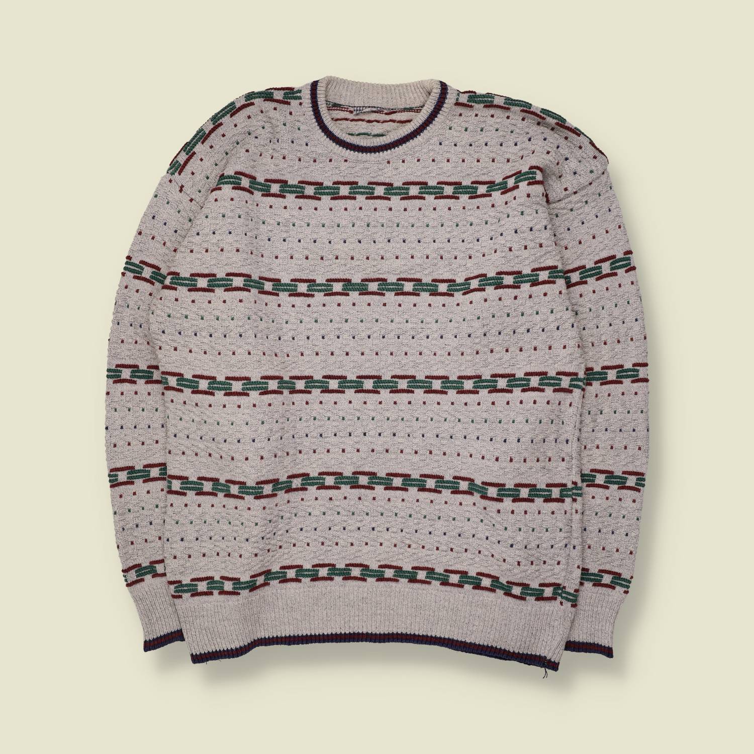 1980s | Textured Jumper | Grey with Chain Stripe - L
