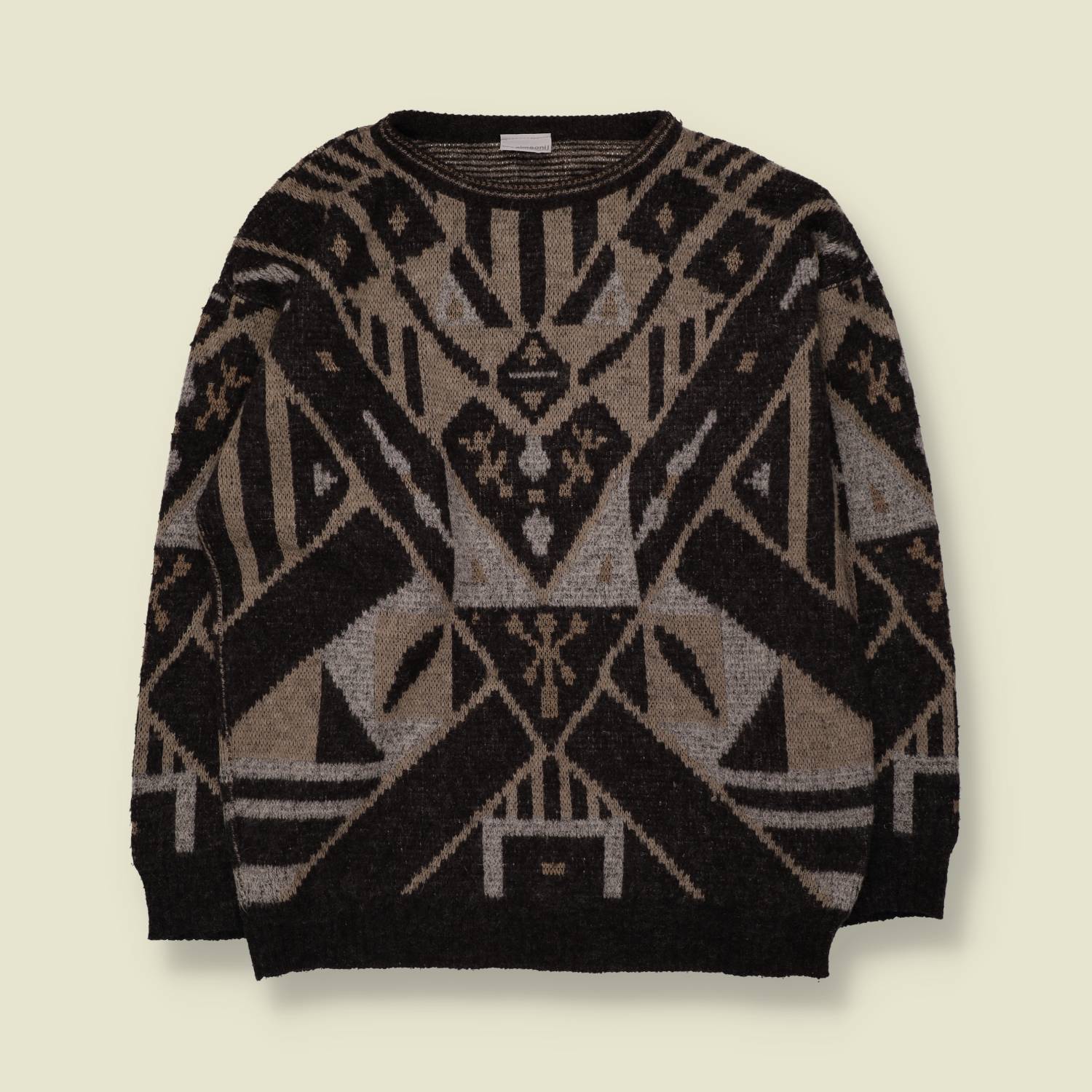 1980s | Aztec Pattern Jumper | Black, Grey & Taupe - L