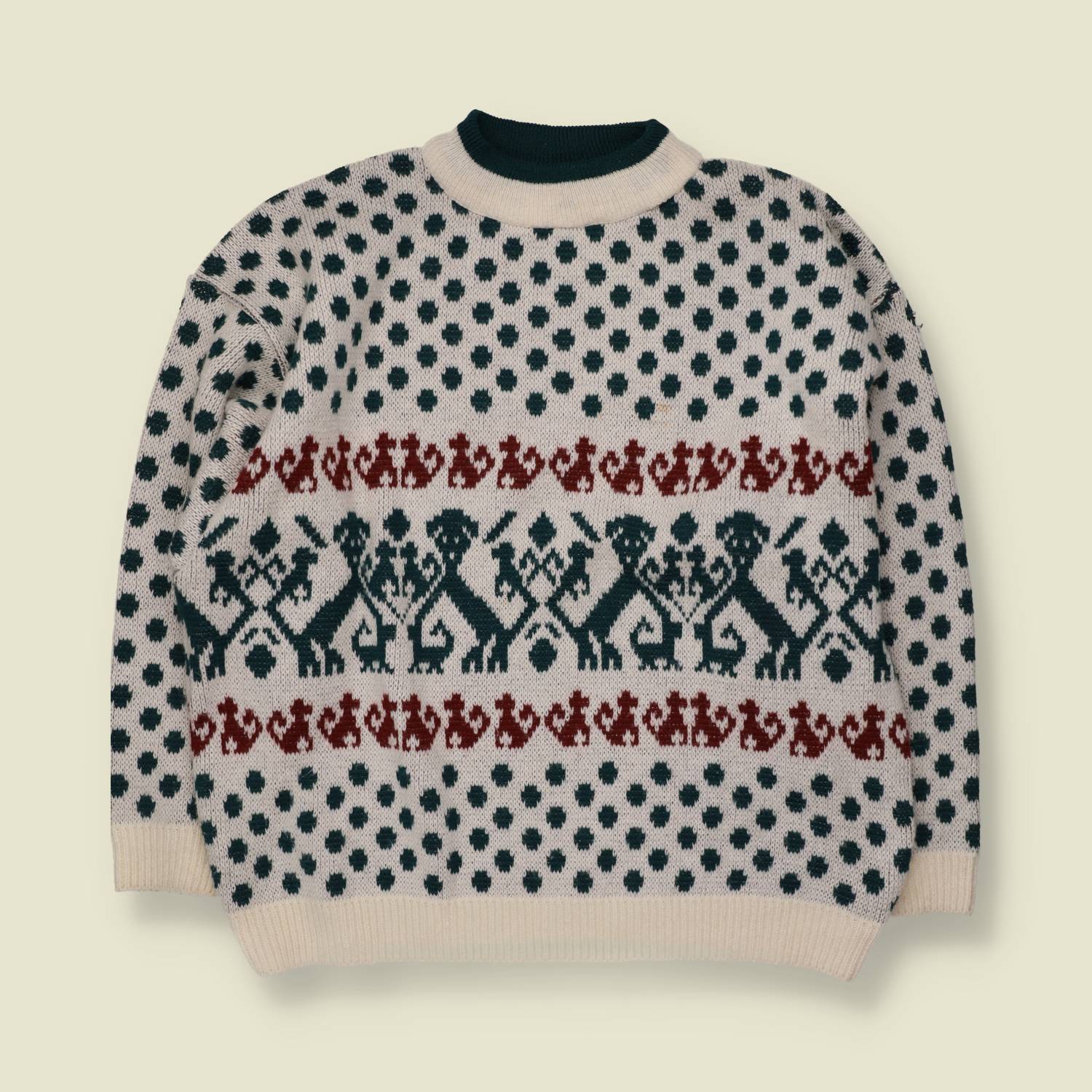 1980s | Novelty Dog Print Jumper | Cream, Green & Burgundy - XL
