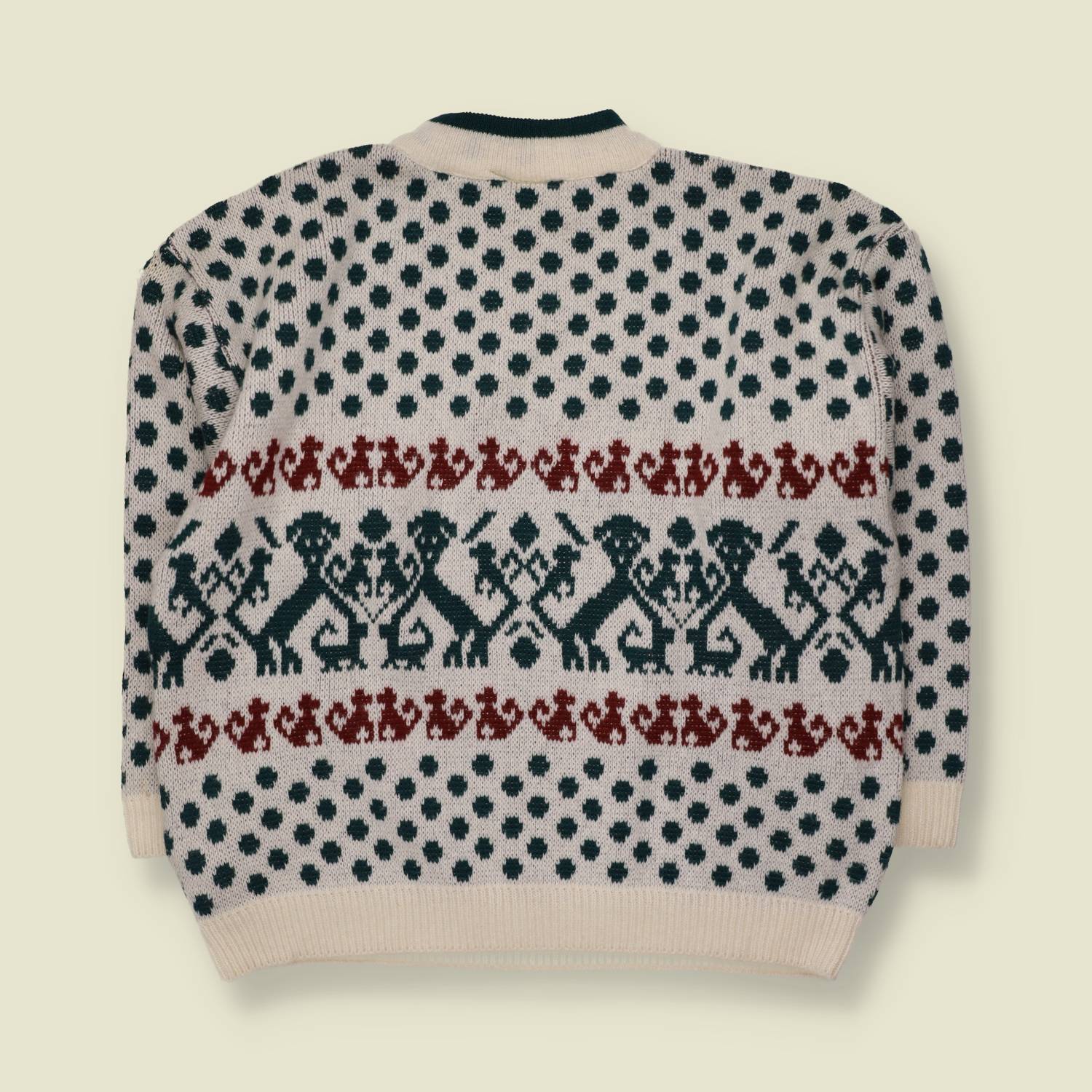 1980s | Novelty Dog Print Jumper | Cream, Green & Burgundy - XL