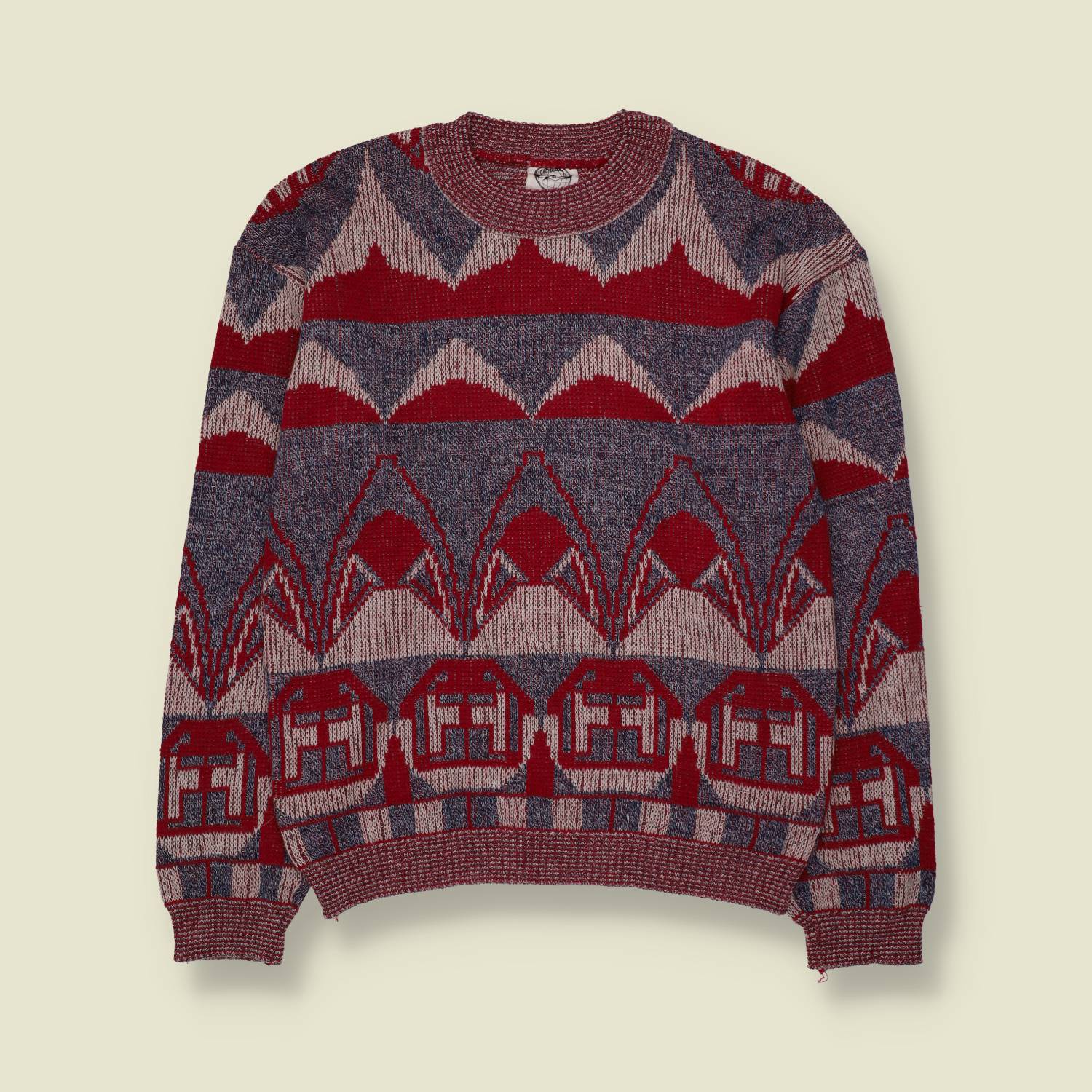 1980s | Novelty House Print Jumper | Red & Navy - XS