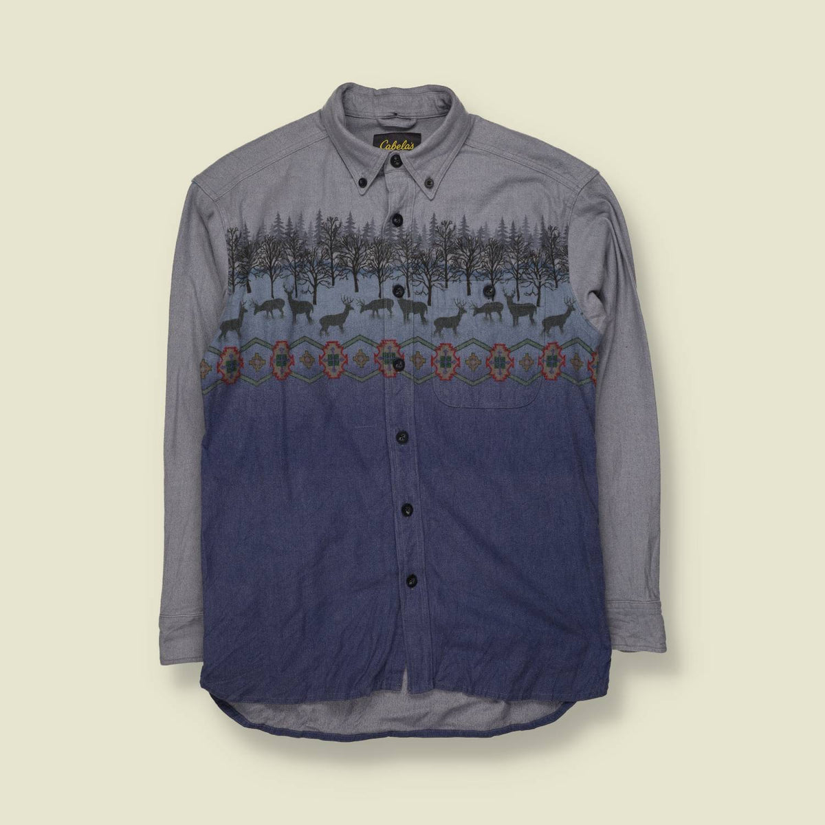 1990s | Cabela's Deer Print Cotton Chamois Shirt | Blue - S