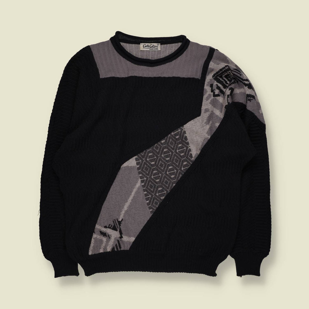 1980s | Carlo Colucci Geometric Pattern Knit Jumper | Black & Grey - XL