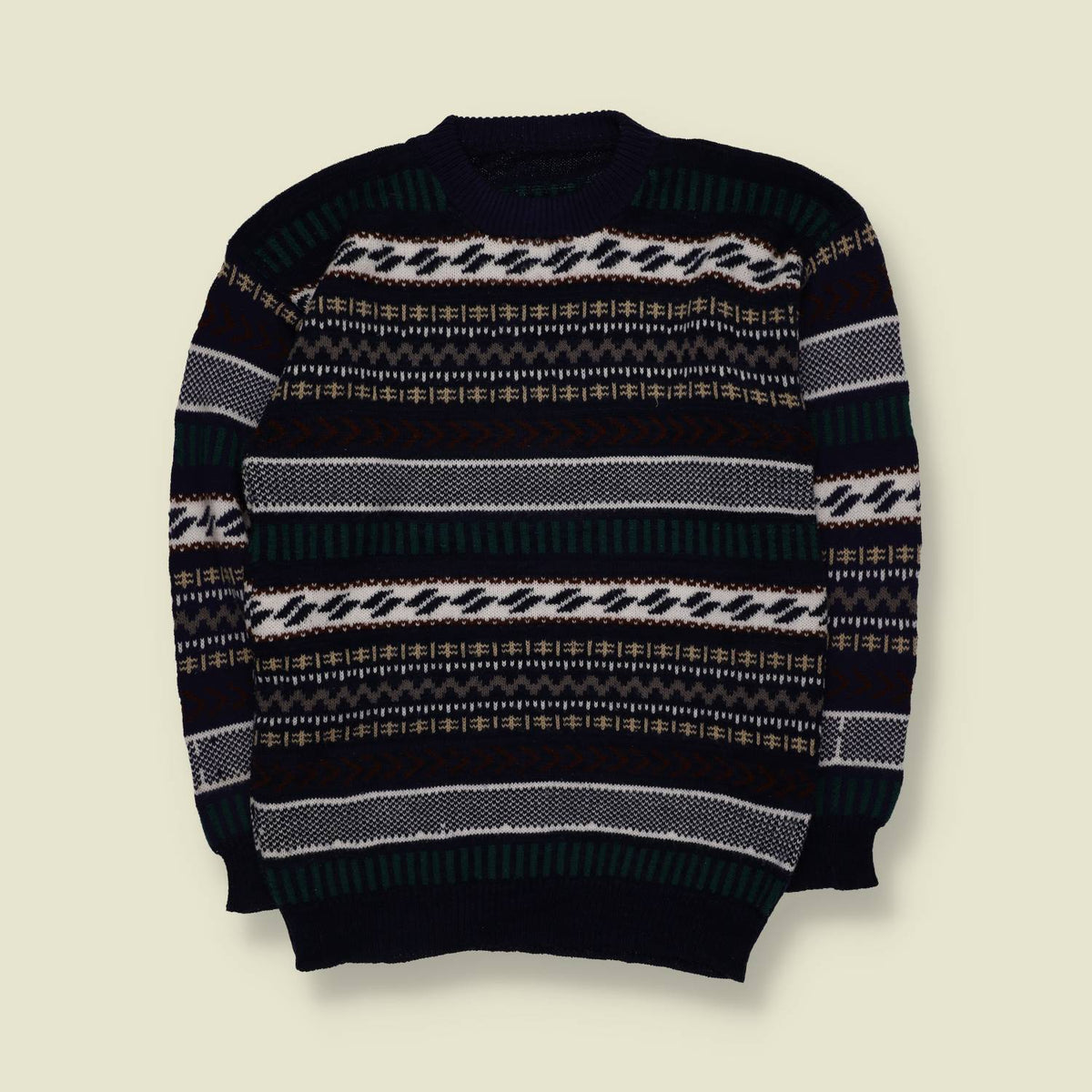1980s | Fair Isle Pattern Knit Jumper | Navy Blue - XS