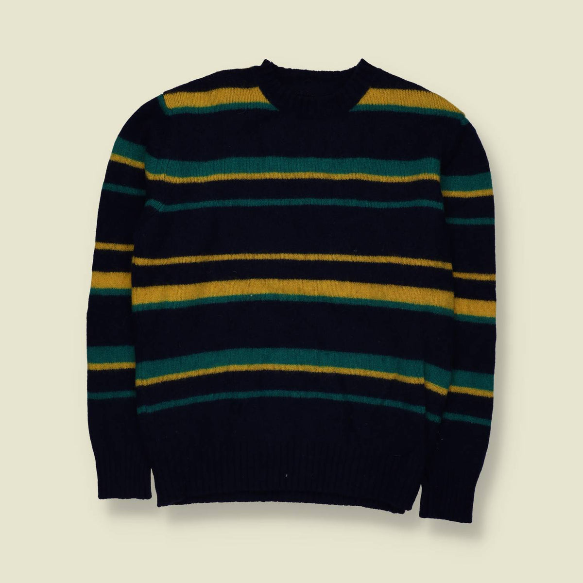 1980s | Striped Knit Jumper | Navy Blue, Green & Yellow - S