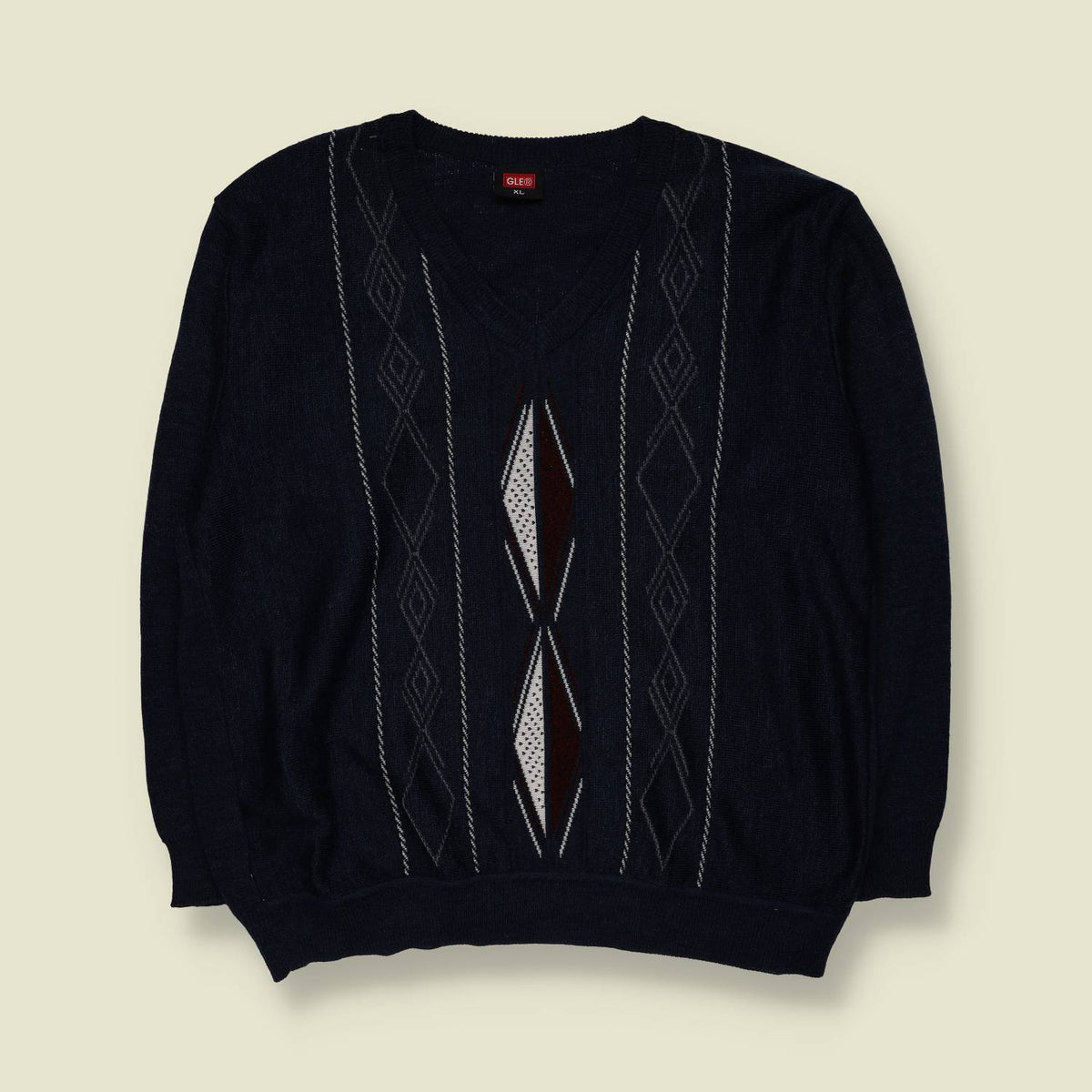 1980s | GLE Geometric Pattern V-Neck Knit Jumper | Navy Blue - XL