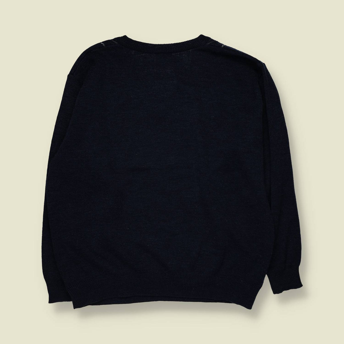 1980s | GLE Geometric Pattern V-Neck Knit Jumper | Navy Blue - XL