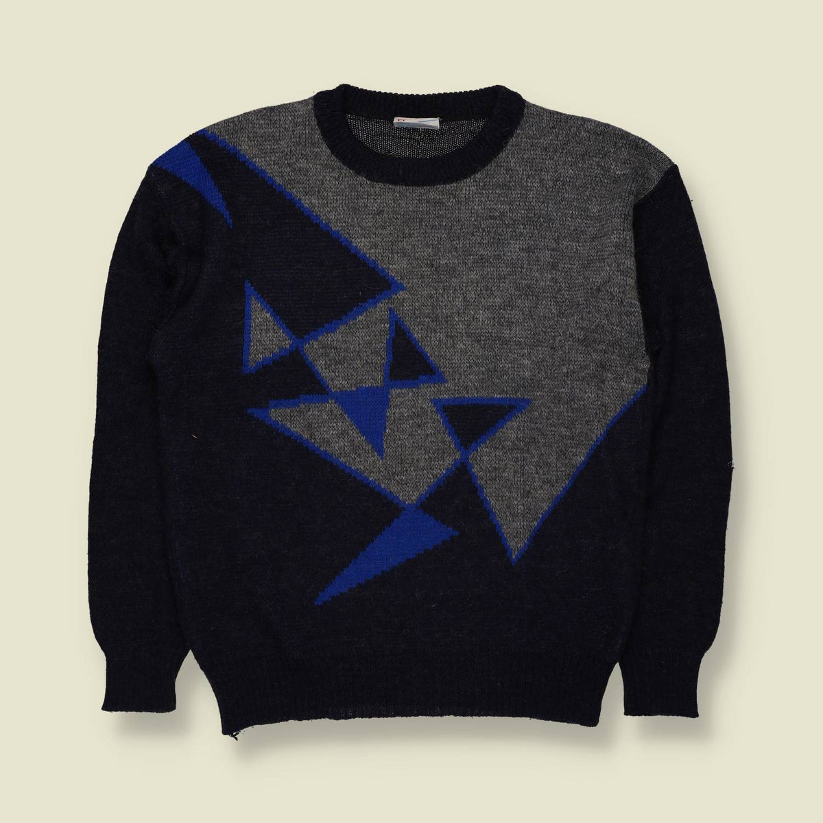1980s | Grandway Geometric Pattern Knit Jumper | Black, Grey & Blue - S