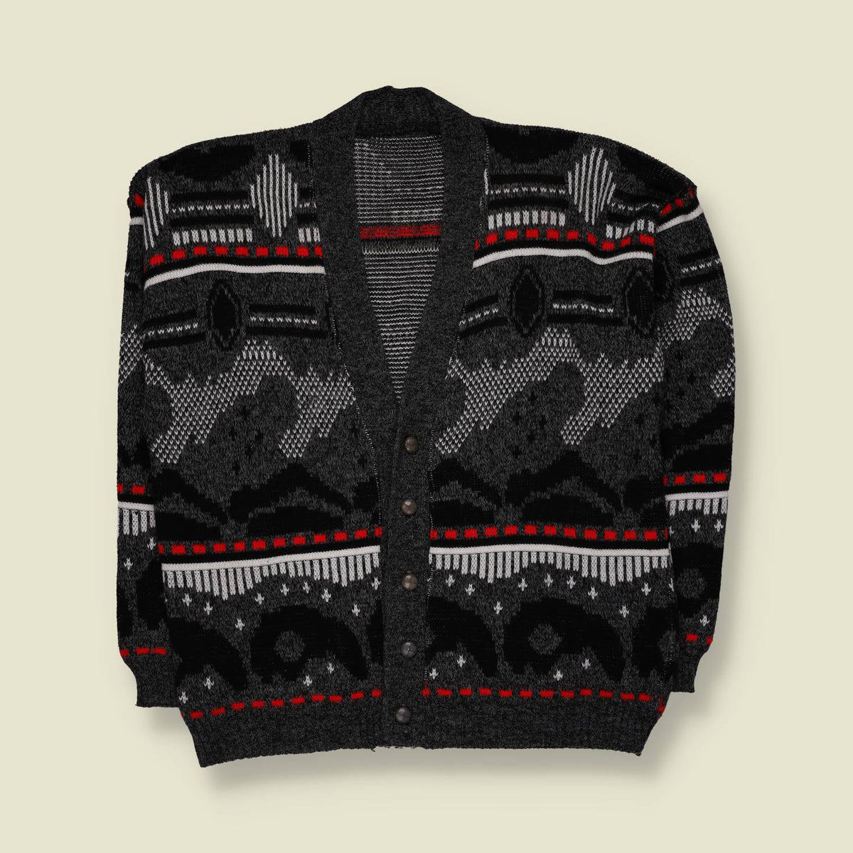 1980s | Geometric Pattern Knit Cardigan | Grey, Black & Red - L