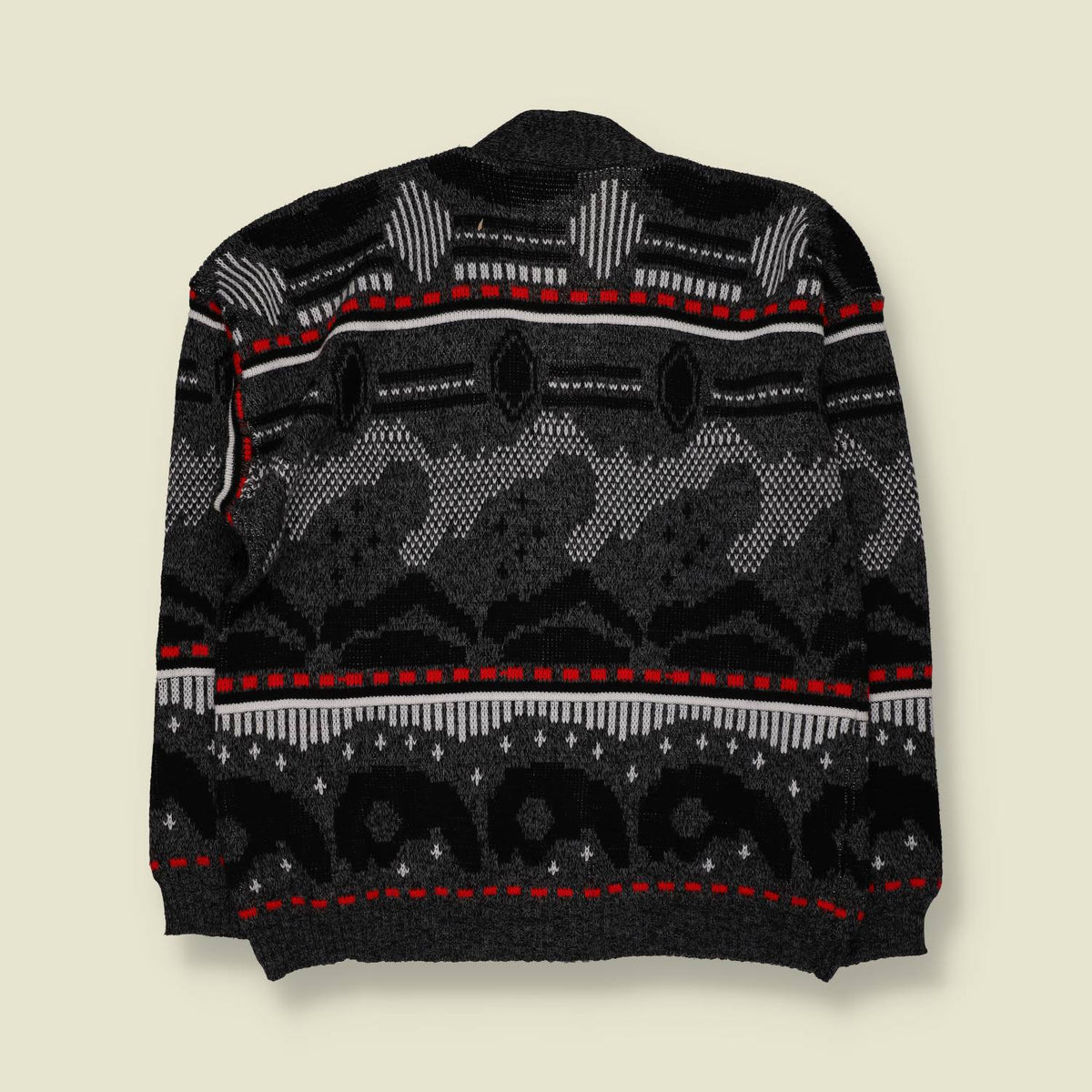 1980s | Geometric Pattern Knit Cardigan | Grey, Black & Red - L