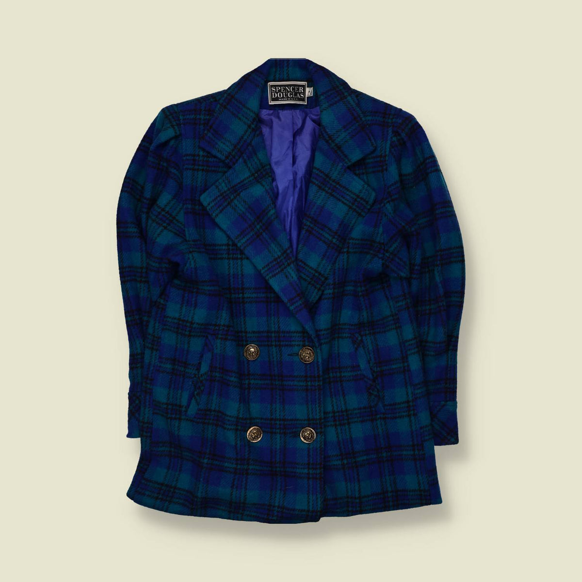 1980s | Spencer Douglas | Blue & Green Checked Double-Breasted Coat - 14