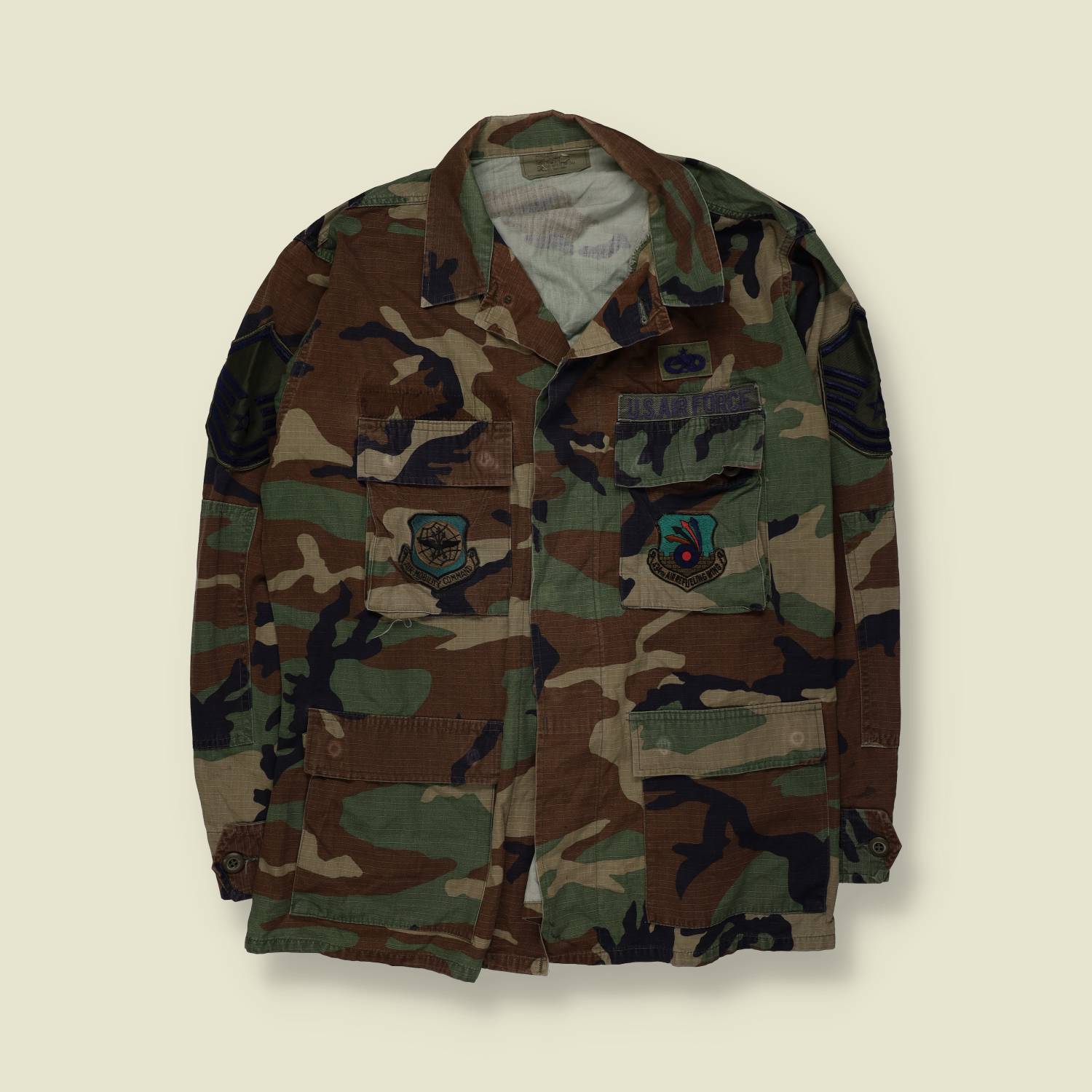 1980s–1990s | US Air Force | Woodland Camouflage BDU Combat Shirt – L